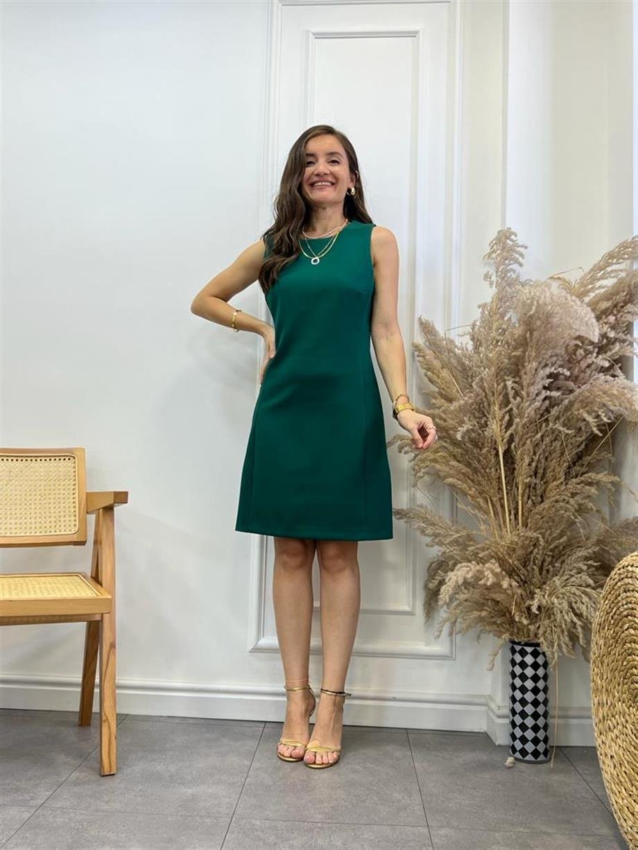 Zümrüt Yeşili Krep Kumaş Basic Kalem Elbise 5776