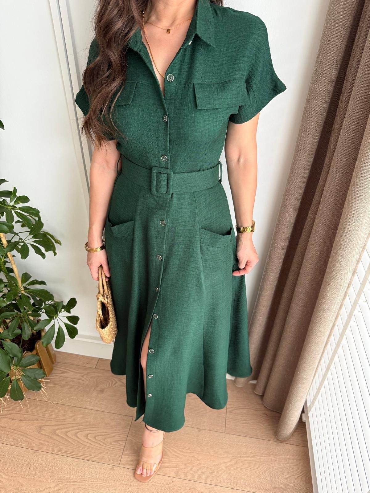Zümrütyeşili Cepli Kemerli Midi boy Gömlek Elbise 5153