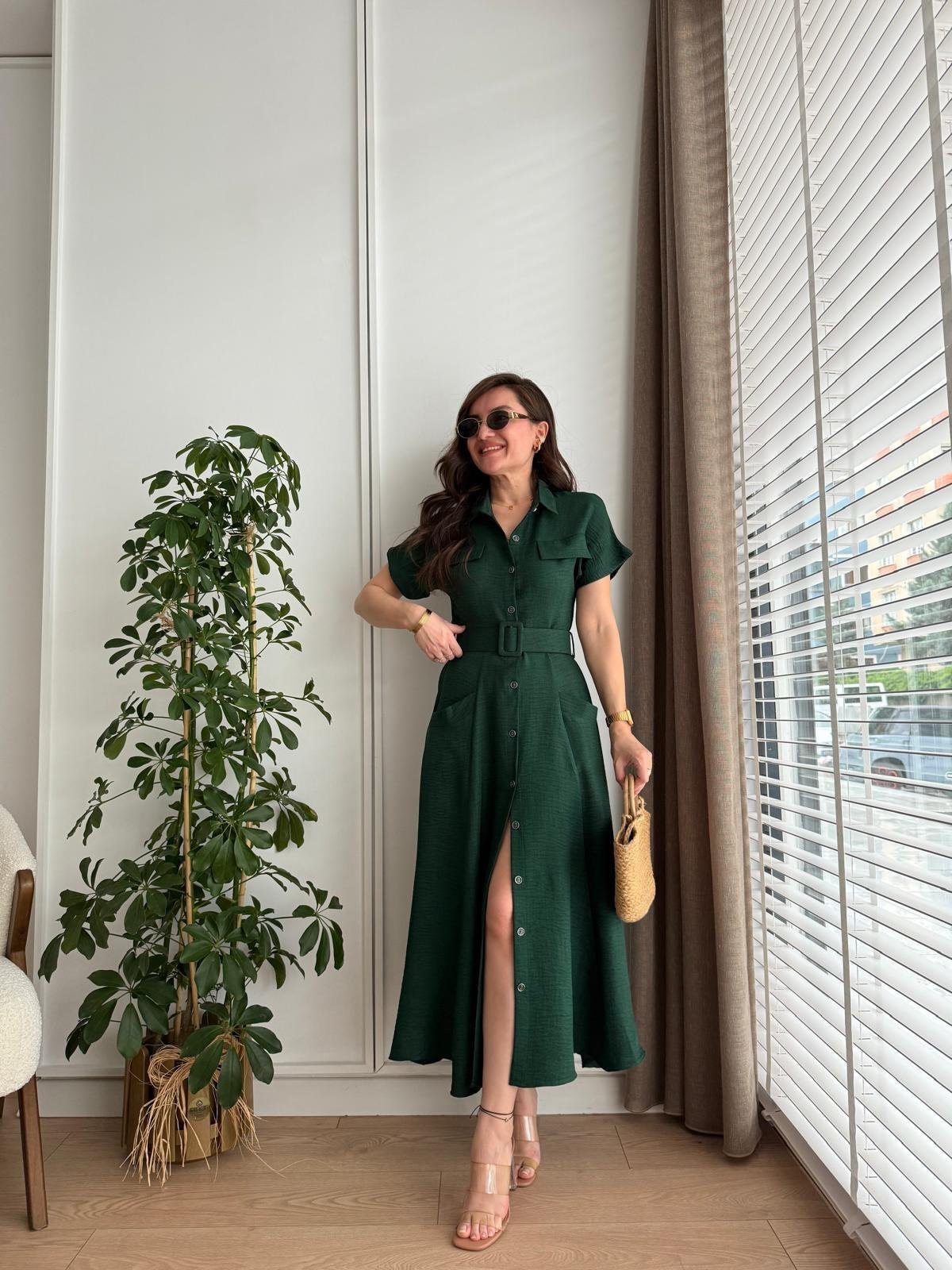 Zümrütyeşili Cepli Kemerli Midi boy Gömlek Elbise 5153
