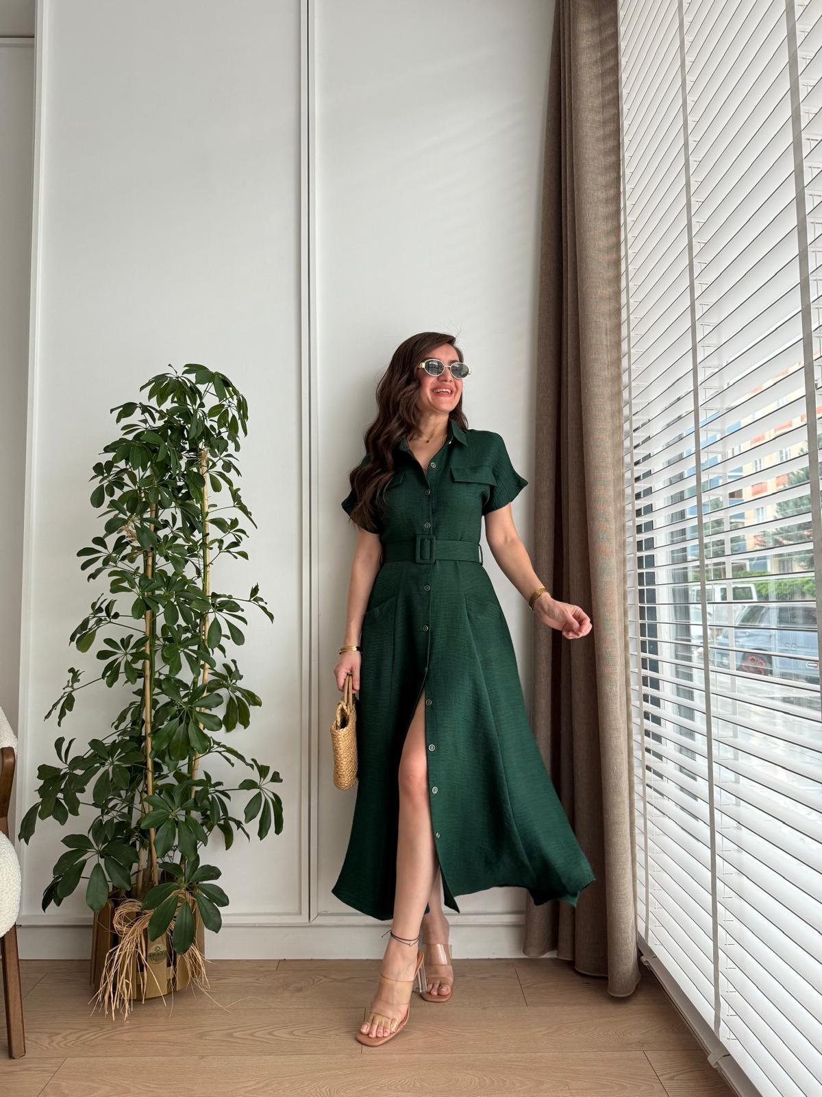 Zümrütyeşili Cepli Kemerli Midi boy Gömlek Elbise 5153