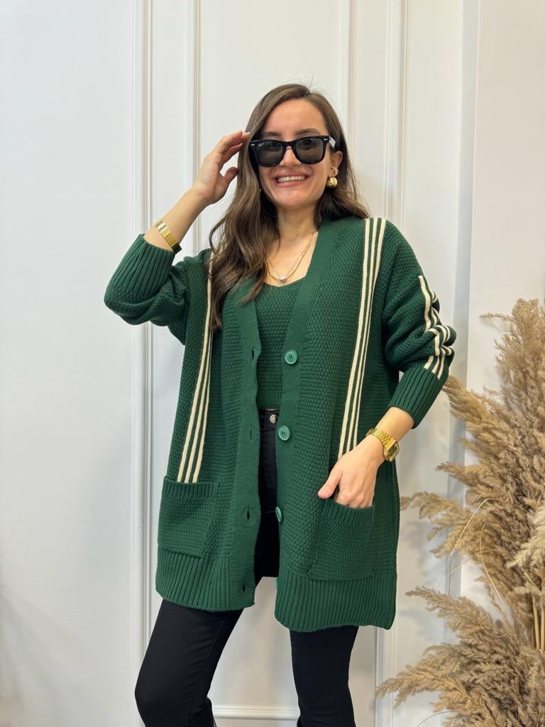 Zümrütyeşili Çizgili Crop Hırka Takım 0023