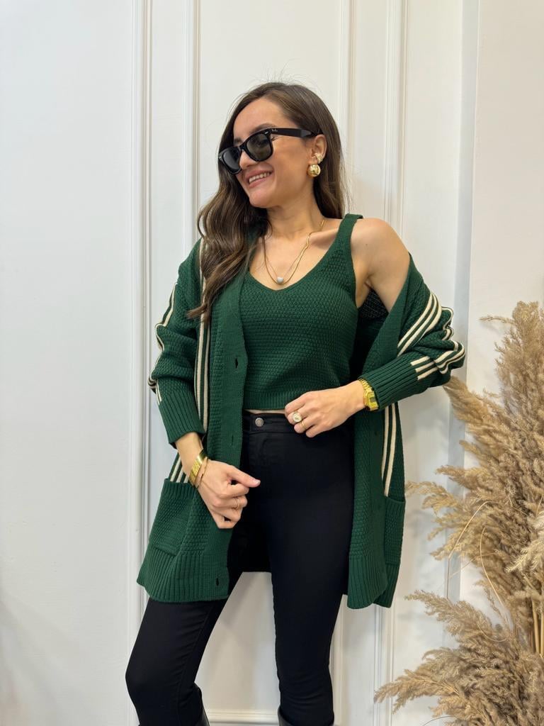 Zümrütyeşili Çizgili Crop Hırka Takım 0023