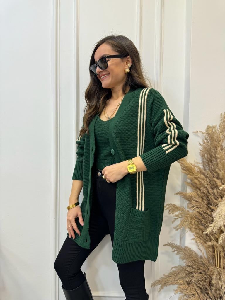 Zümrütyeşili Çizgili Crop Hırka Takım 0023