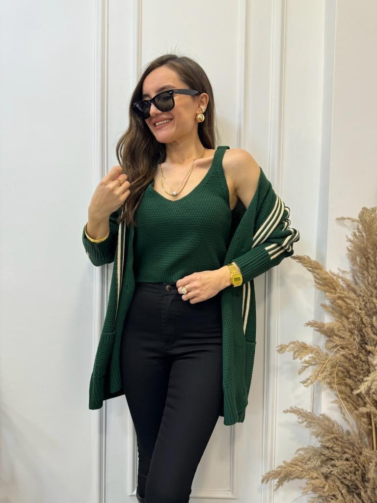 Zümrütyeşili Çizgili Crop Hırka Takım 0023