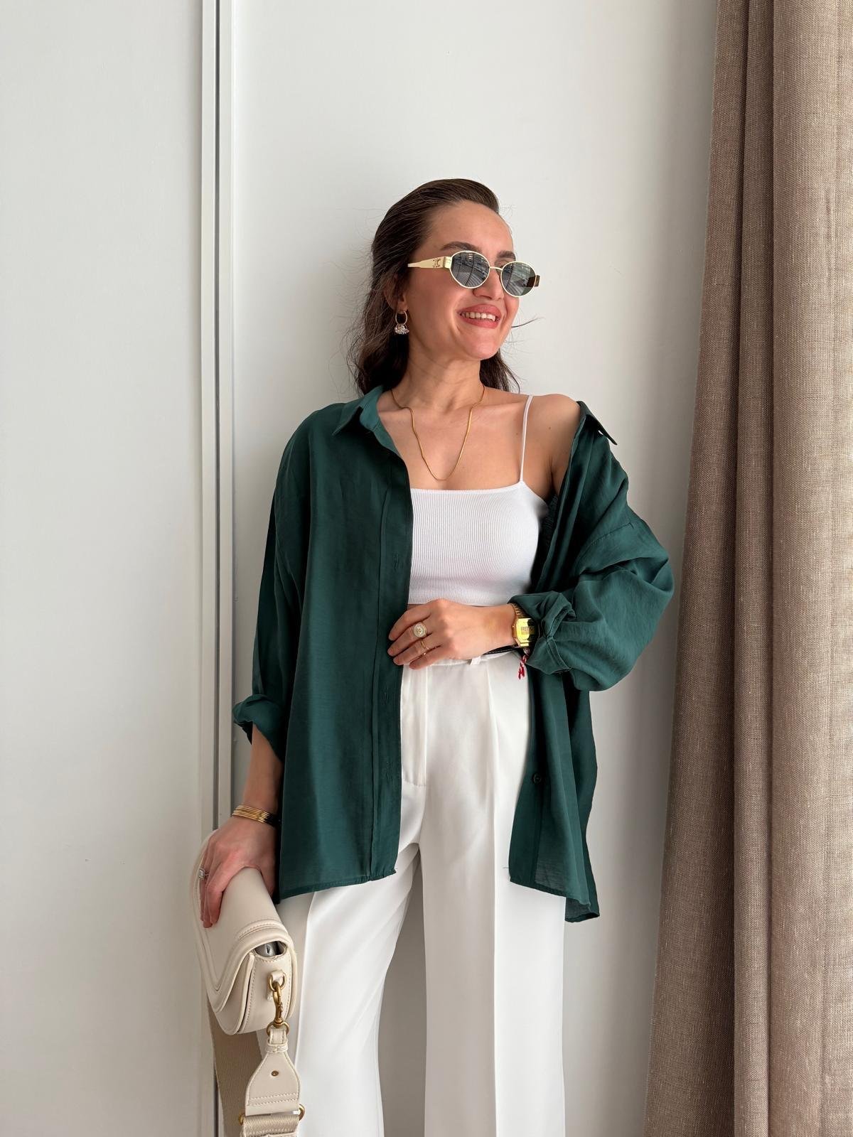 Zümrütyeşili Lüx Kalite Oversize Gömlek 4612