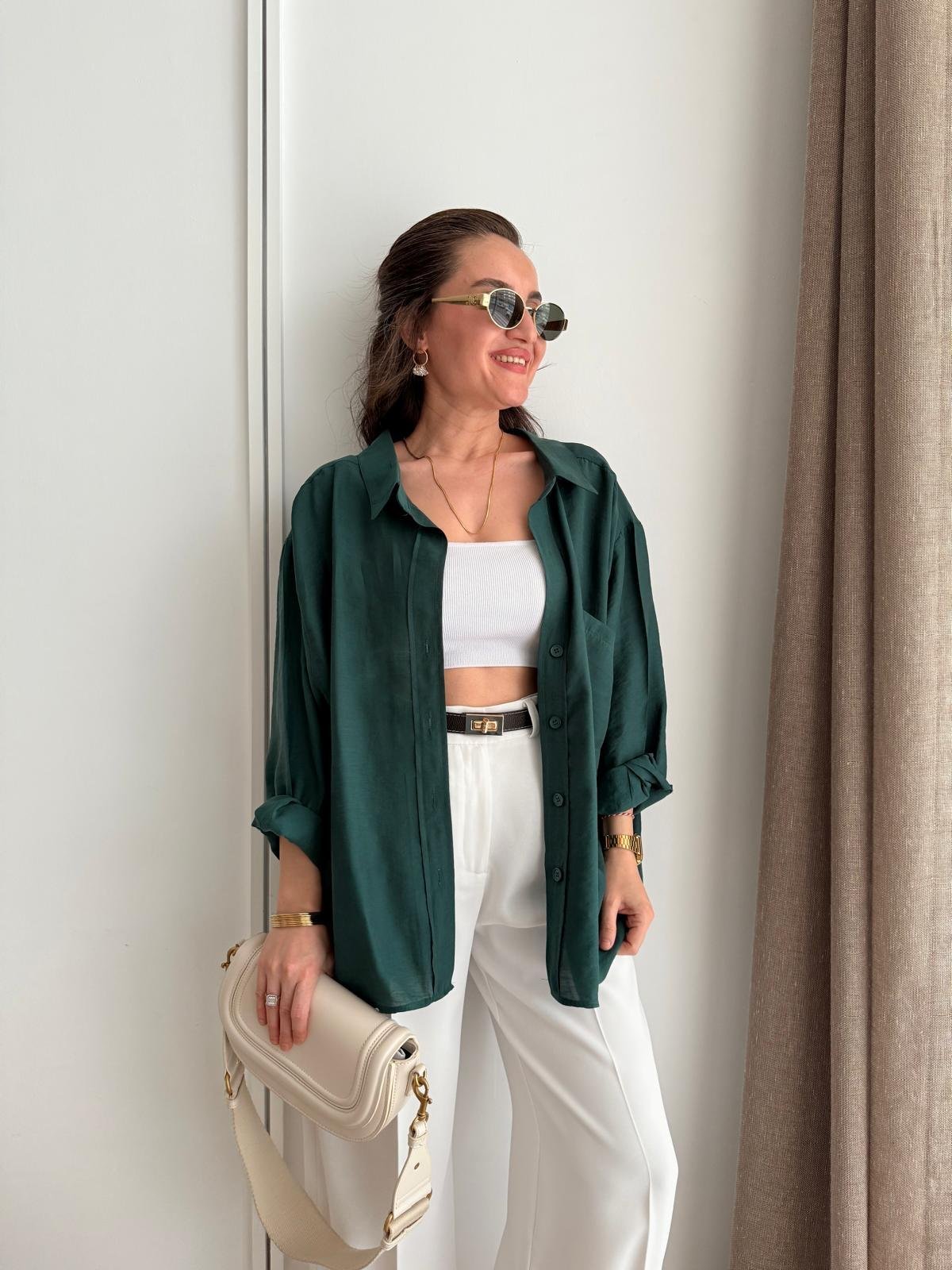 Zümrütyeşili Lüx Kalite Oversize Gömlek 4612