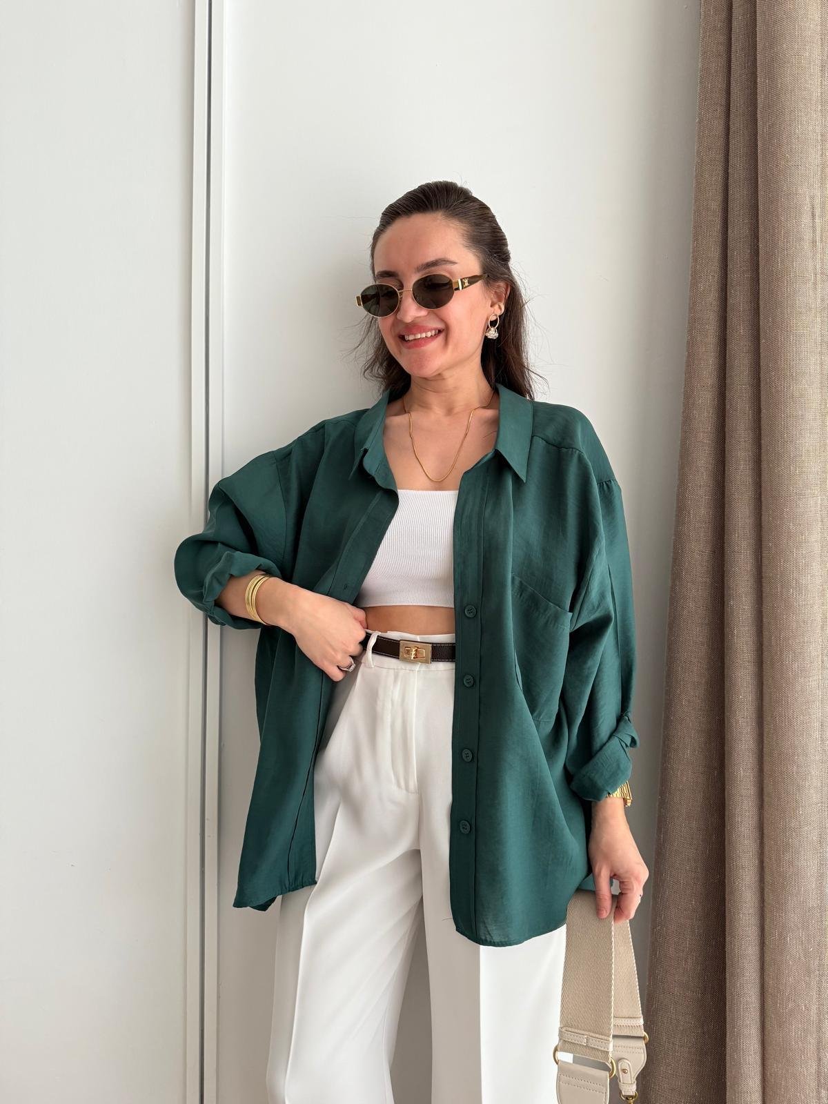 Zümrütyeşili Lüx Kalite Oversize Gömlek 4612