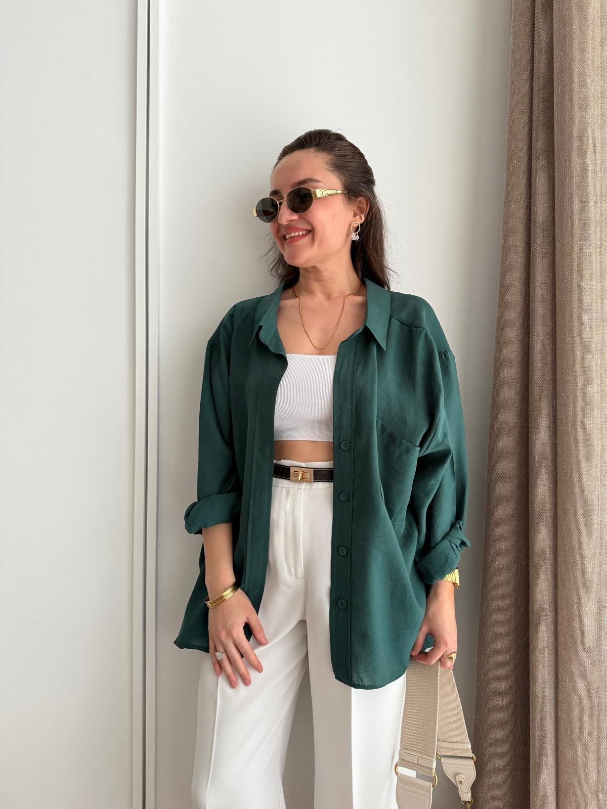 Zümrütyeşili Lüx Kalite Oversize Gömlek 4612