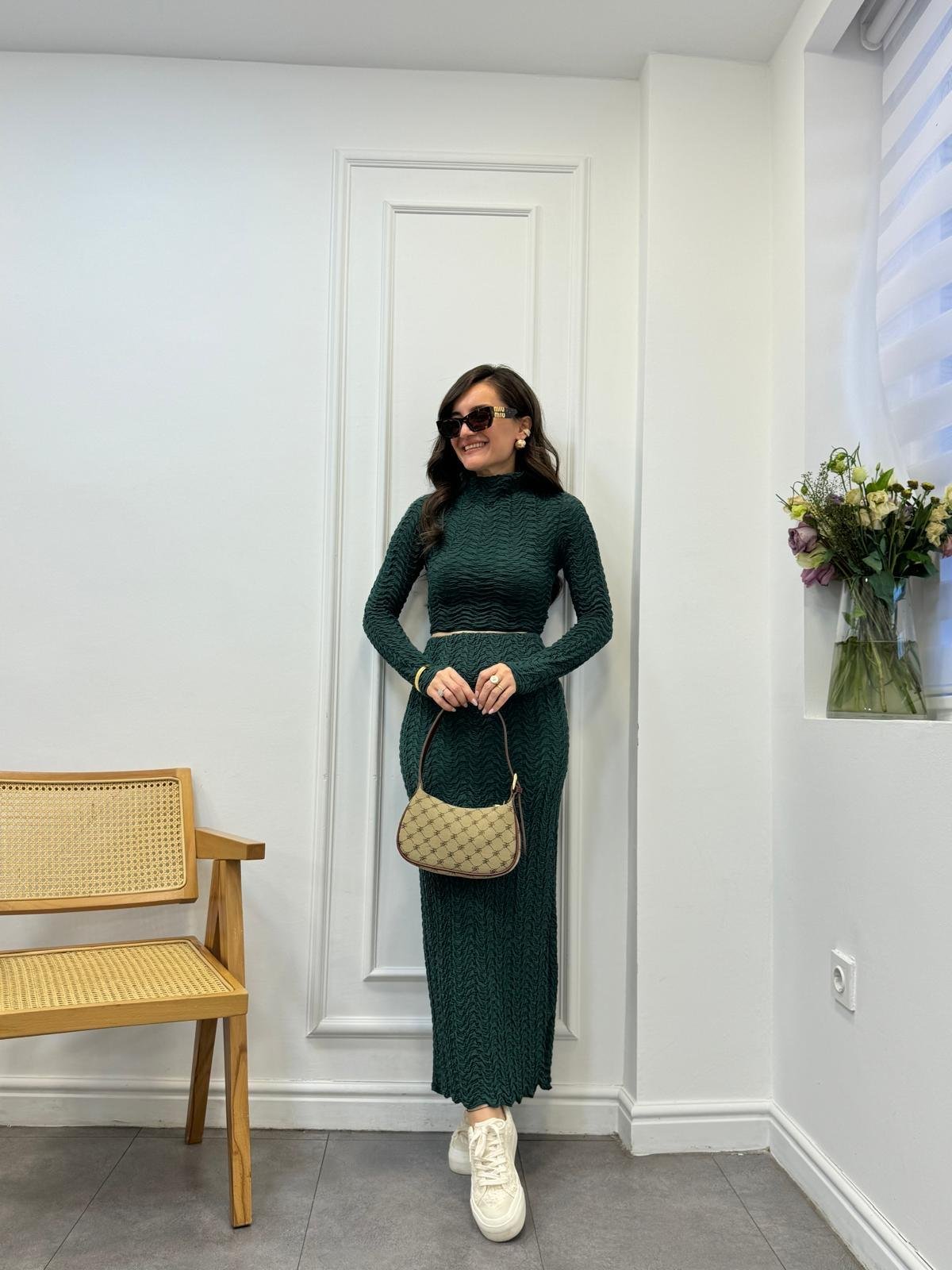Zümrütyeşili Örme Kumaş Etek Bluz Takım 2811