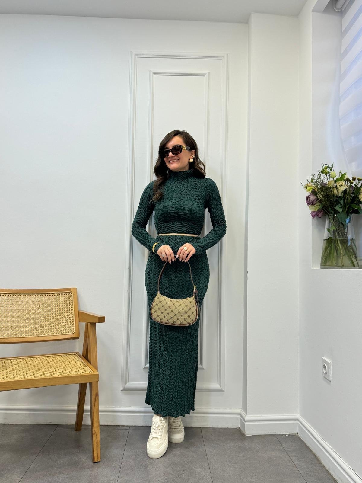 Zümrütyeşili Örme Kumaş Etek Bluz Takım 2811
