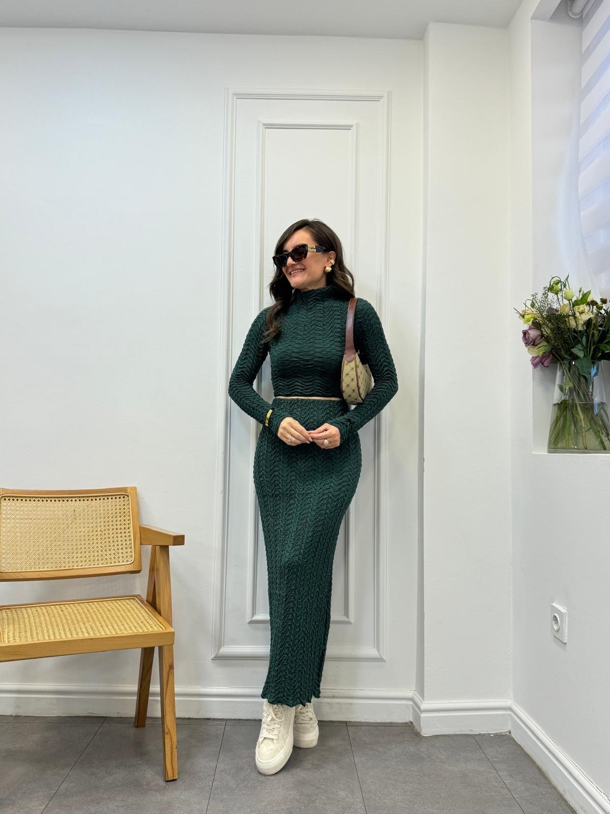 Zümrütyeşili Örme Kumaş Etek Bluz Takım 2811
