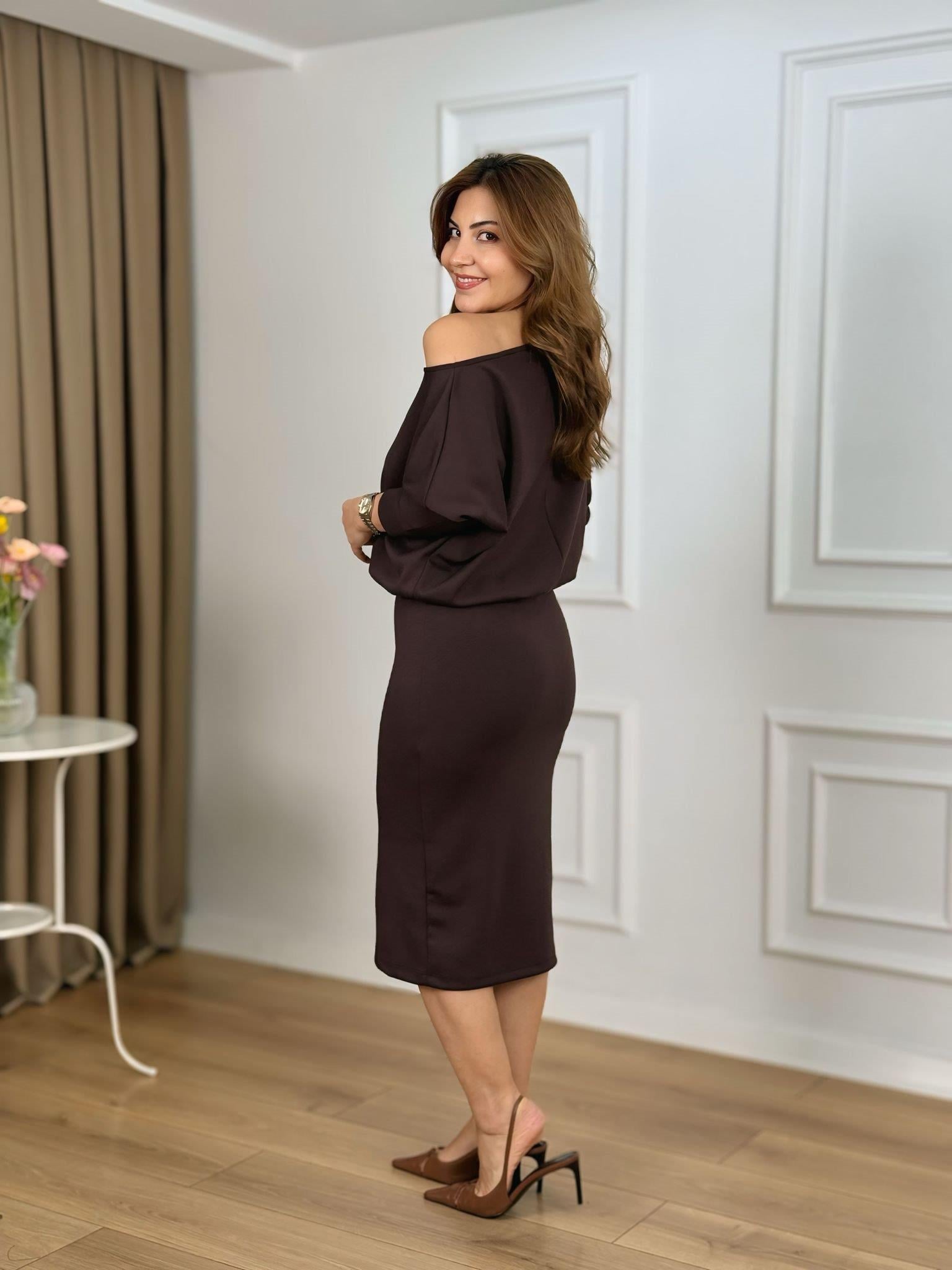 Acı Kahve Kayık Yaka Beli Lastiikli Modal Kumaş Elbise 26134