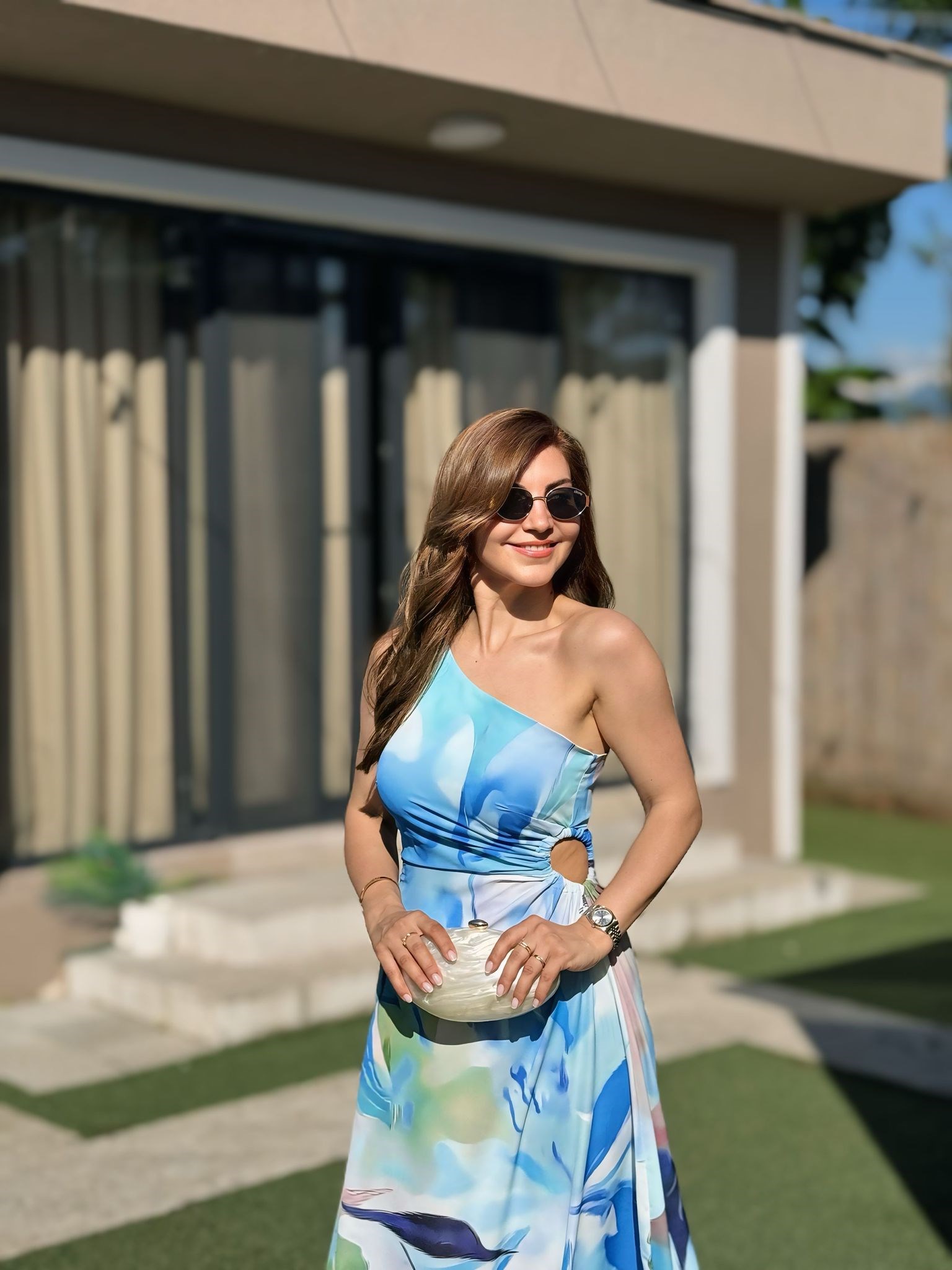 Akdeniz Mavi Tek Omuz Bel Dekolteli Elbise255956