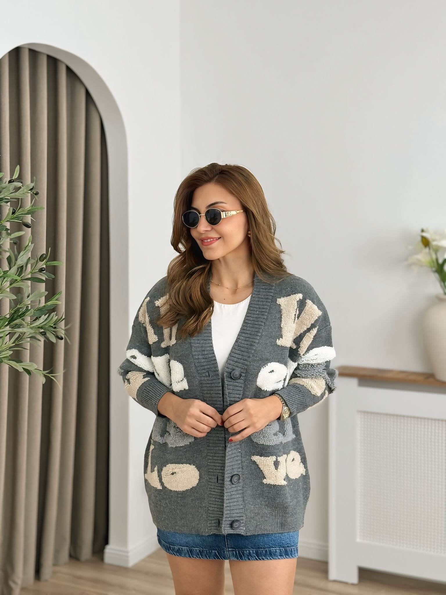 Antrasit Düğmeli Premium Kalite Kabartmalı Oversize Hırka 24824
