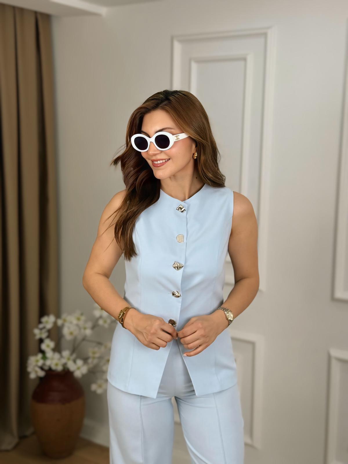 Bebe Mavi Karma Gümüş Düğmeli Yelek Pantolon Takım 919301