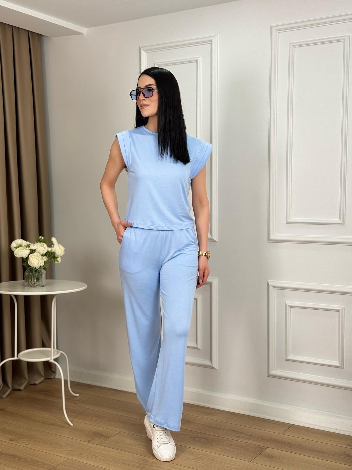 Bebe Mavi Vatkalı Modal Kumaş Bluz Pantolon Takım 1021
