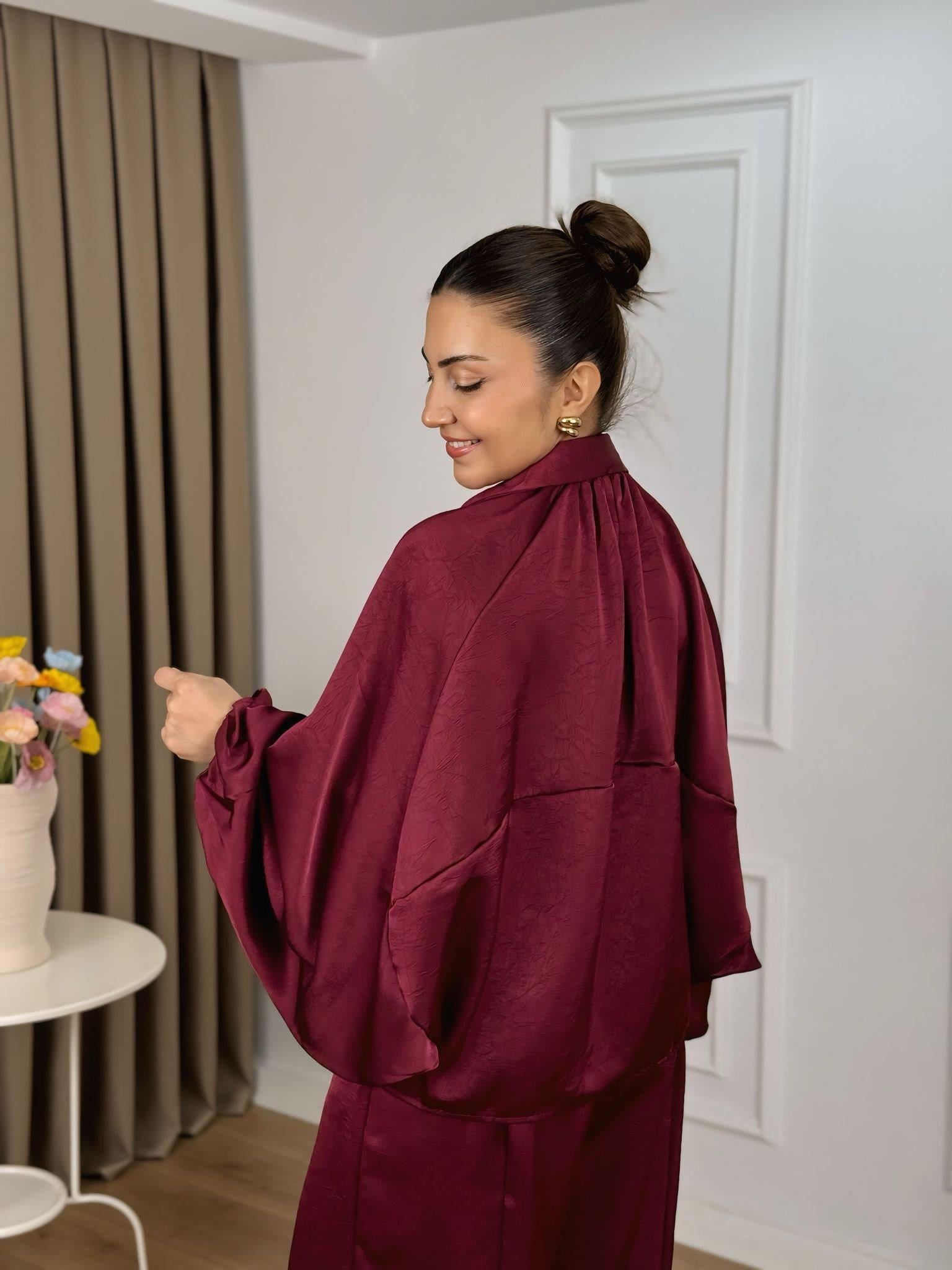 Bordo Beli Lastikli Yarasa Kol Oversize Kalıp Ceket Pantolon Takım 26101