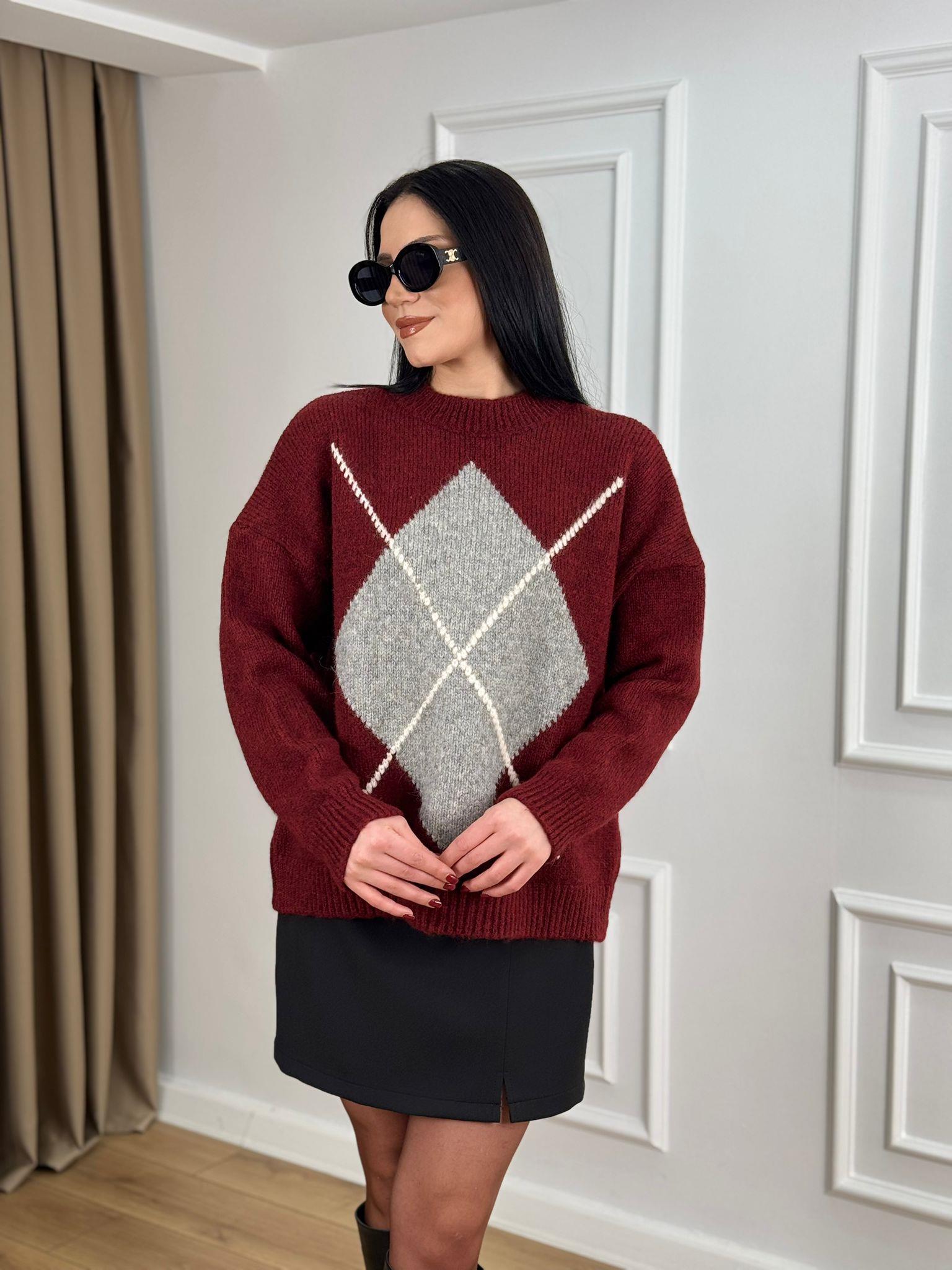 Bordo Bisiklet Yaka Baklava Desenli Yumoş Kazak 24767
