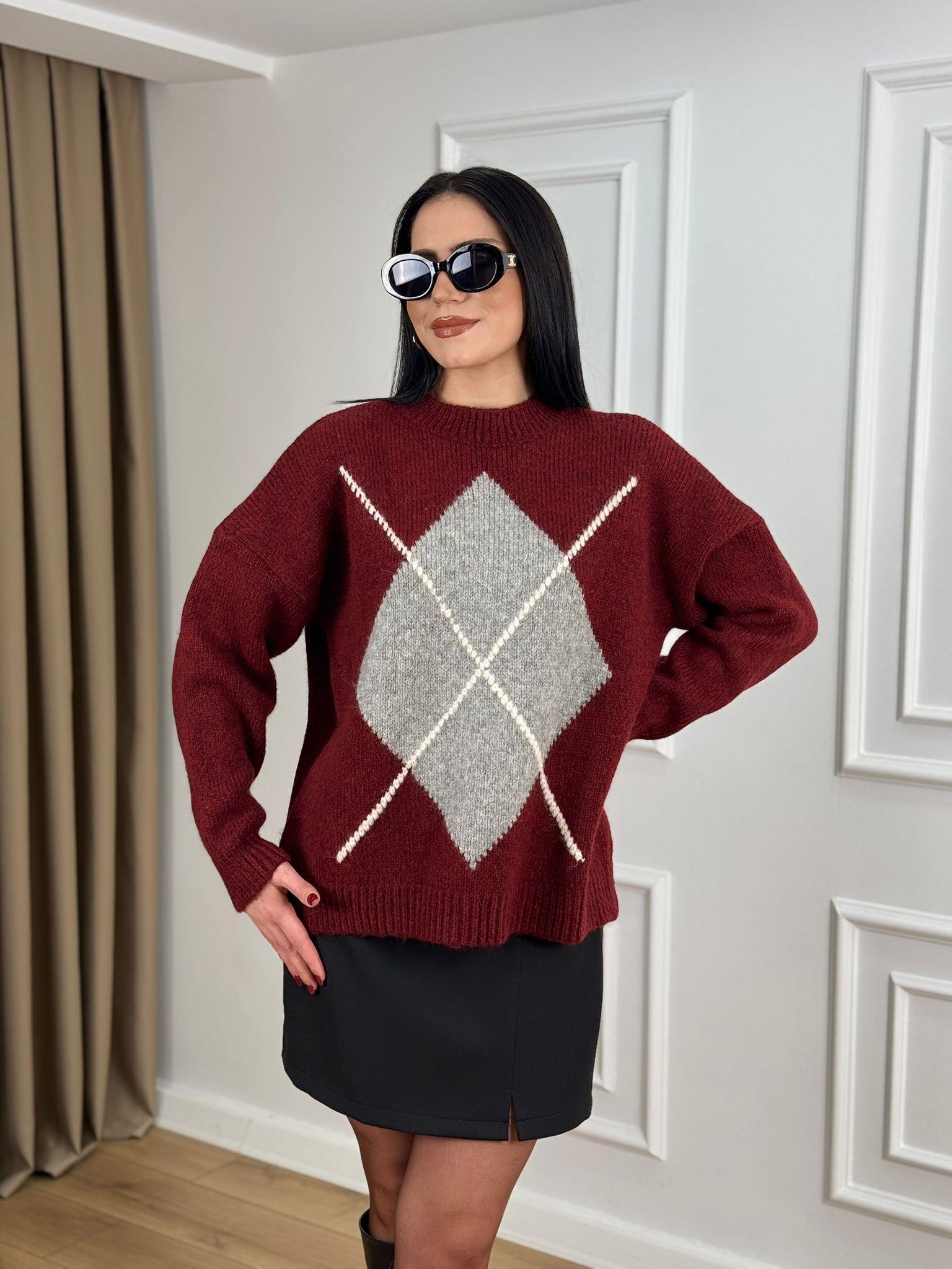 Bordo Bisiklet Yaka Baklava Desenli Yumoş Kazak 24767
