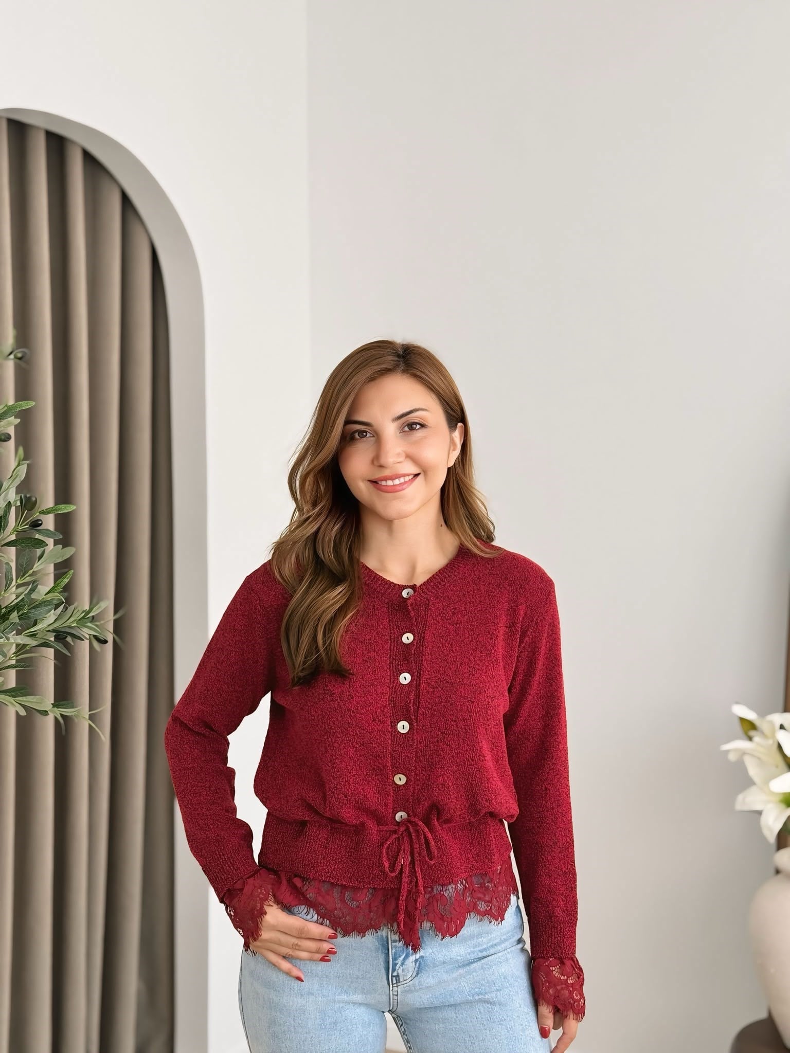 Bordo Bisiklet Yaka Kolları Dantelli Beli Büzgülü Merserize Hırka 5539