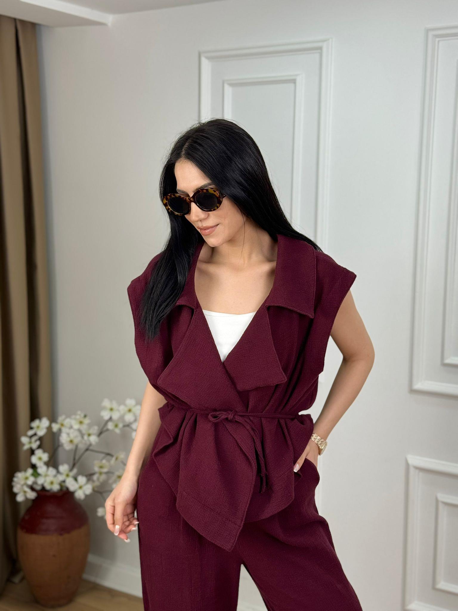 Bordo Ceket Yaka Bağlamalı Ham Keten Yelek Pantolon Takım 144003