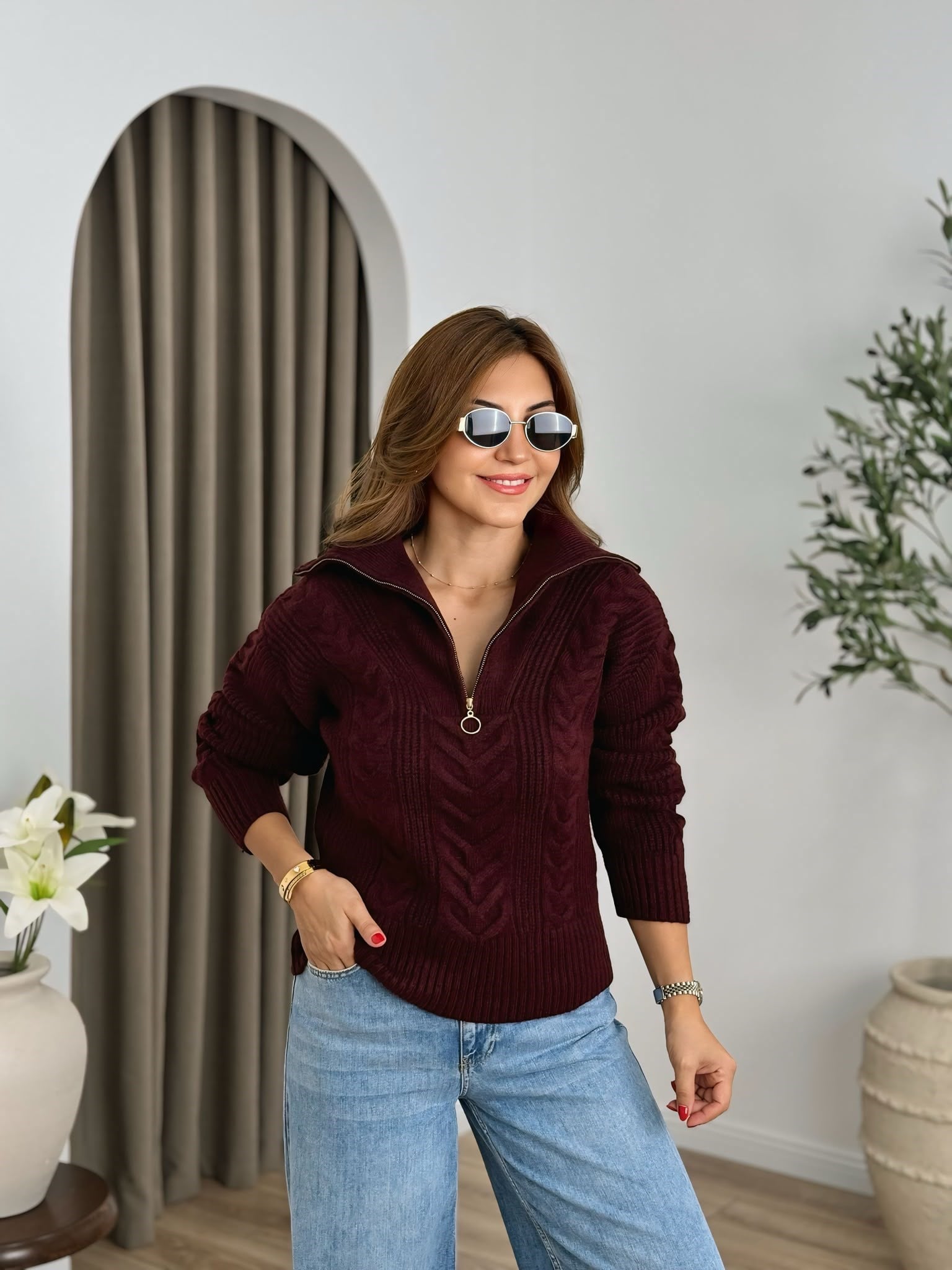 Bordo Dik Yaka Fermuarlı Triko Kazak 25713