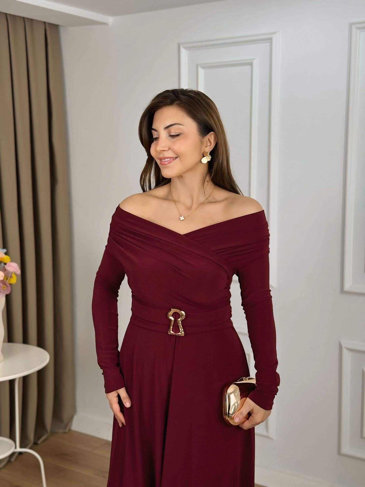 Bordo Kruvaze Yaka Drapeli Asimetrik Kesim Sandy Kumaş Elbise 265123