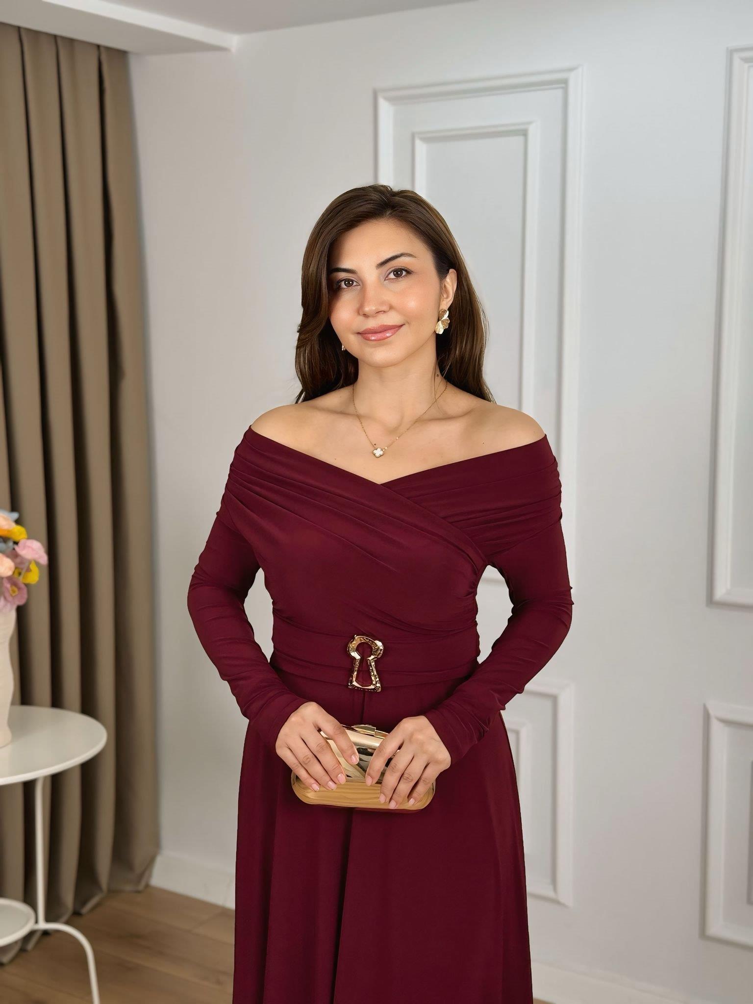 Bordo Kruvaze Yaka Drapeli Asimetrik Kesim Sandy Kumaş Elbise 265123