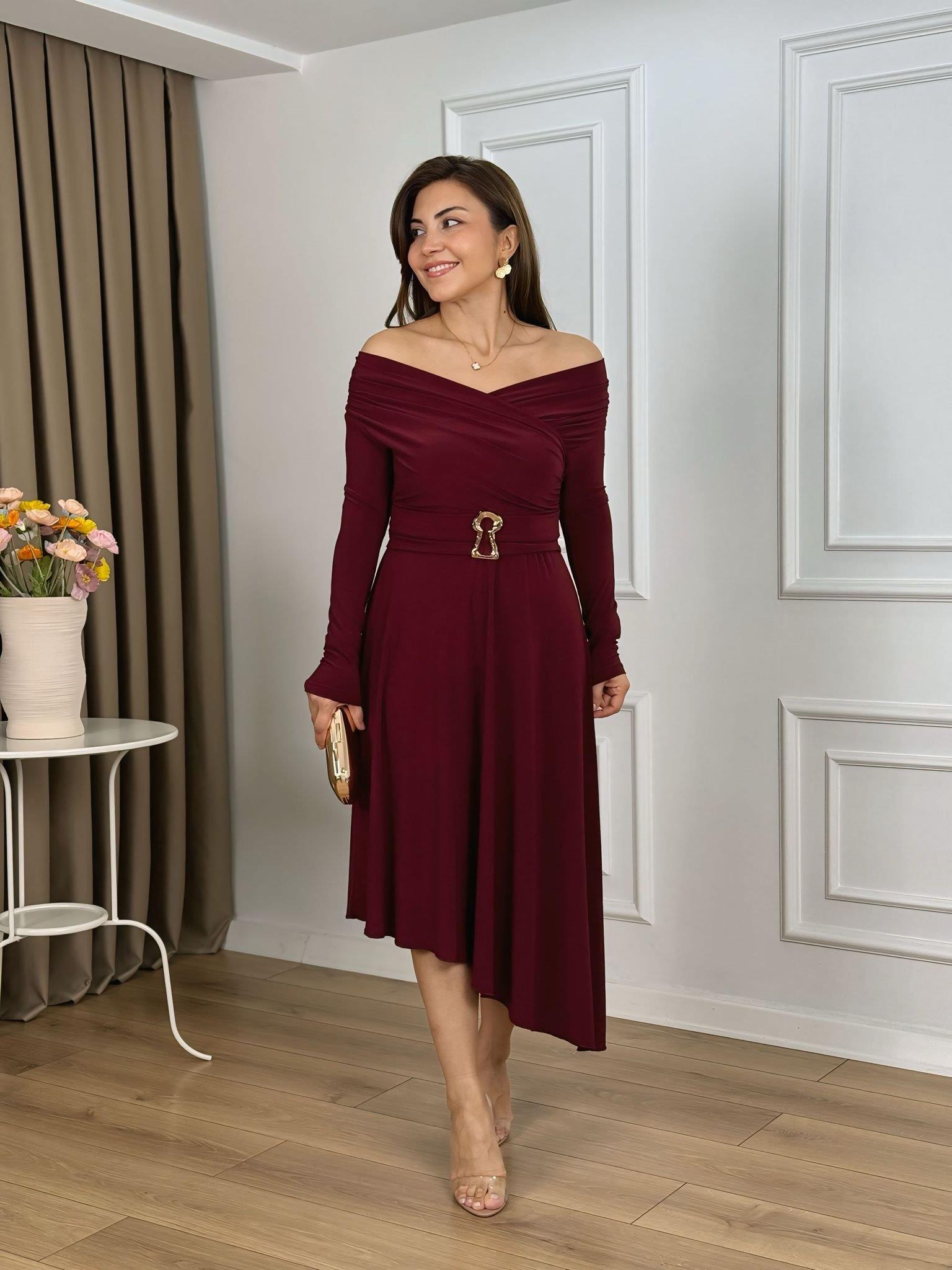 Bordo Kruvaze Yaka Drapeli Asimetrik Kesim Sandy Kumaş Elbise 265123