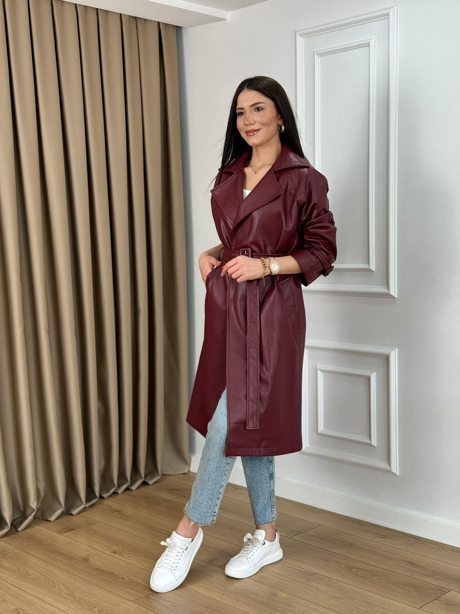 Bordo Kuşaklı Astarlı Lüks Kalite Deri Trenchcoat 7890