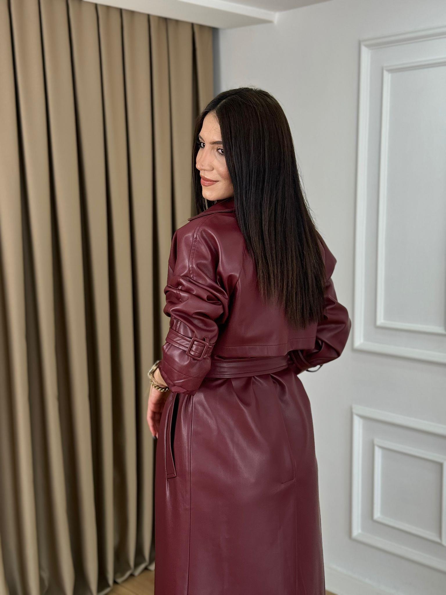 Bordo Kuşaklı Astarlı Lüks Kalite Deri Trenchcoat 7890
