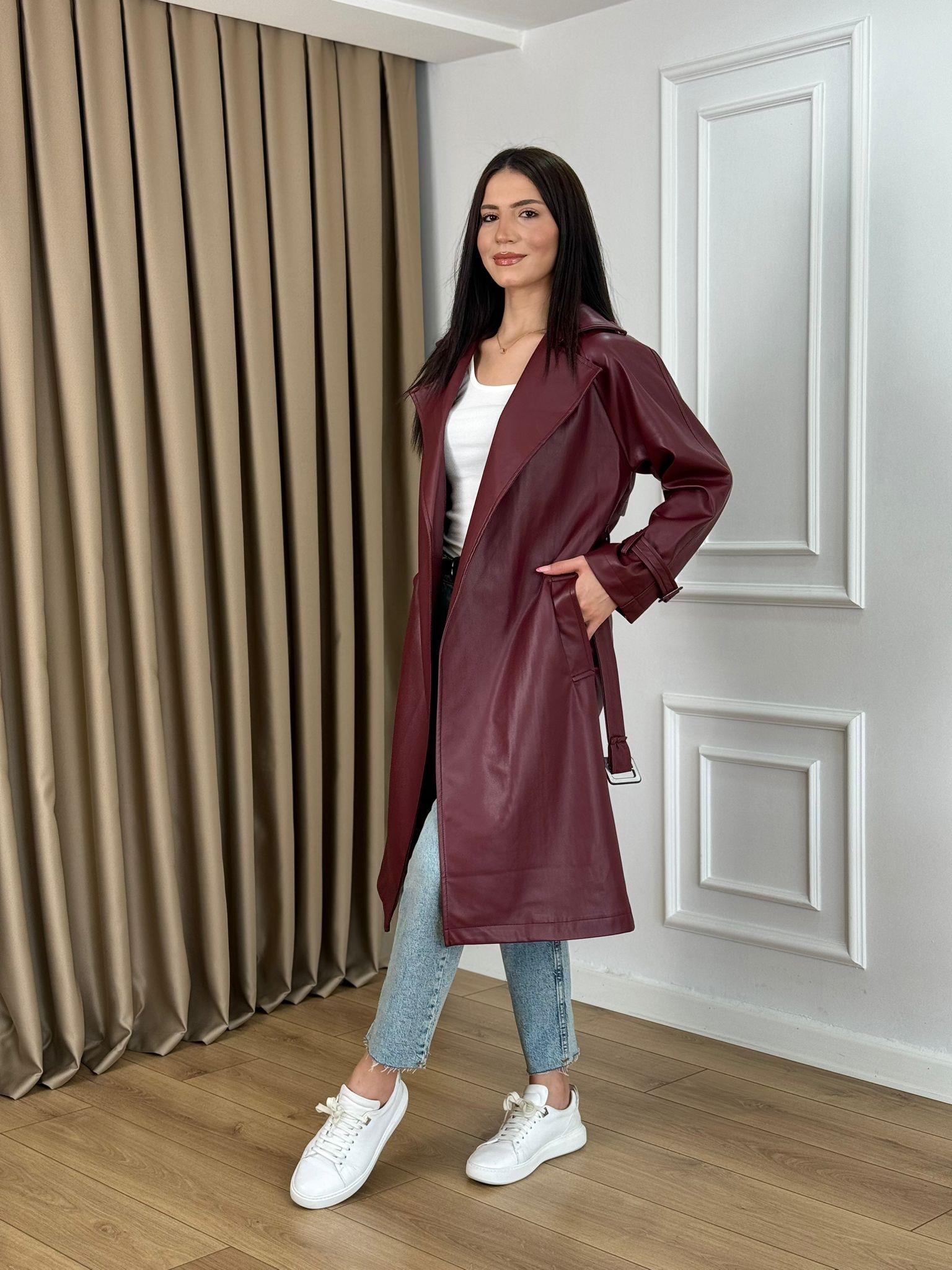 Bordo Kuşaklı Astarlı Lüks Kalite Deri Trenchcoat 7890