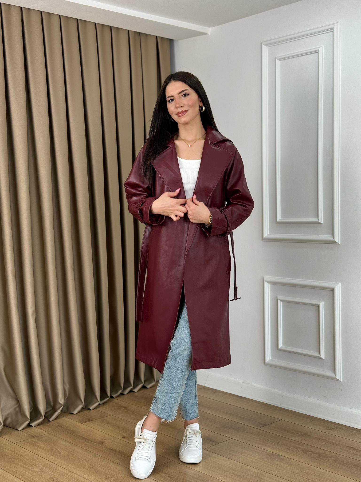 Bordo Kuşaklı Astarlı Lüks Kalite Deri Trenchcoat 7890