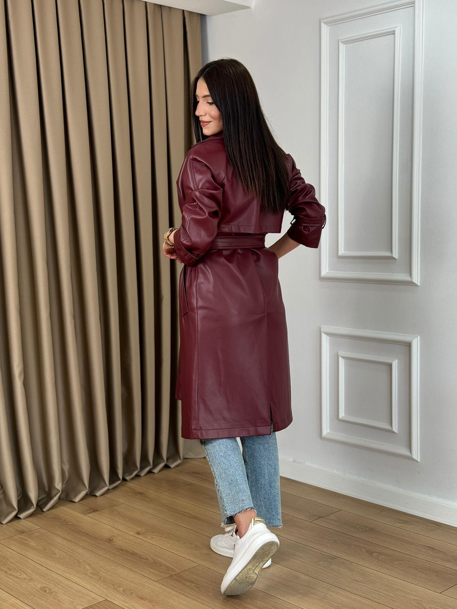 Bordo Kuşaklı Astarlı Lüks Kalite Deri Trenchcoat 7890