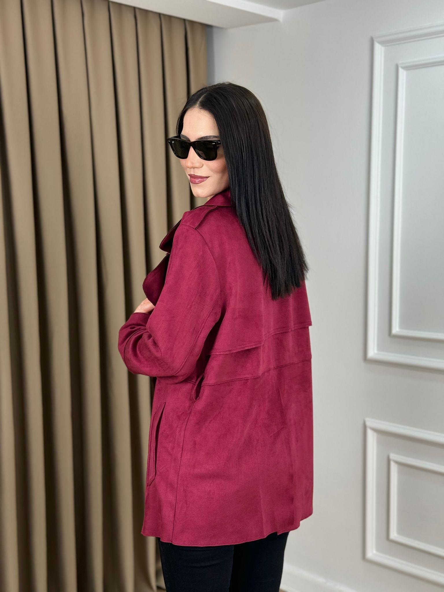 Bordo Scuba Süet Kuşaklı Astarsız Trenchcoat 24277