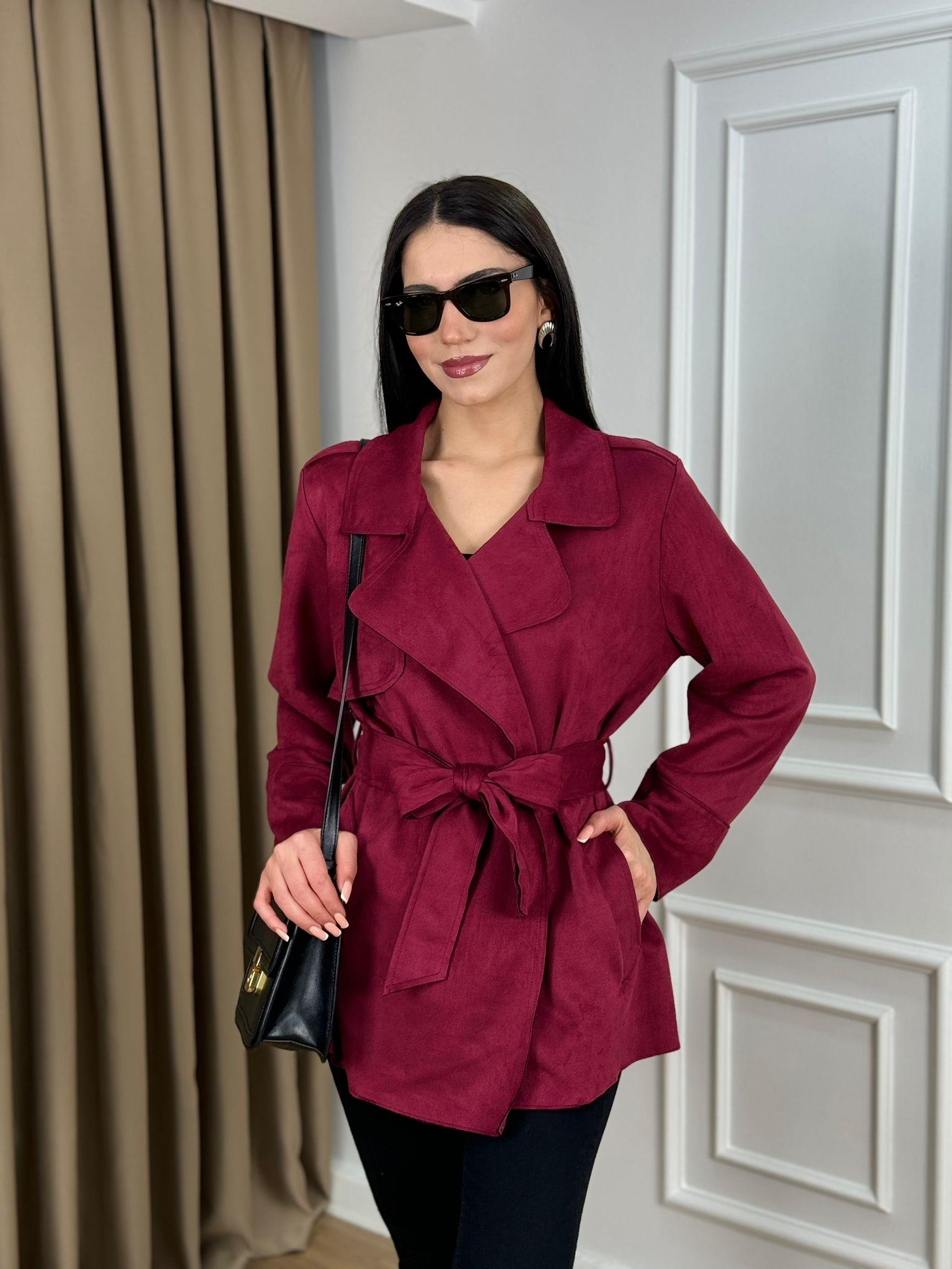 Bordo Scuba Süet Kuşaklı Astarsız Trenchcoat 24277