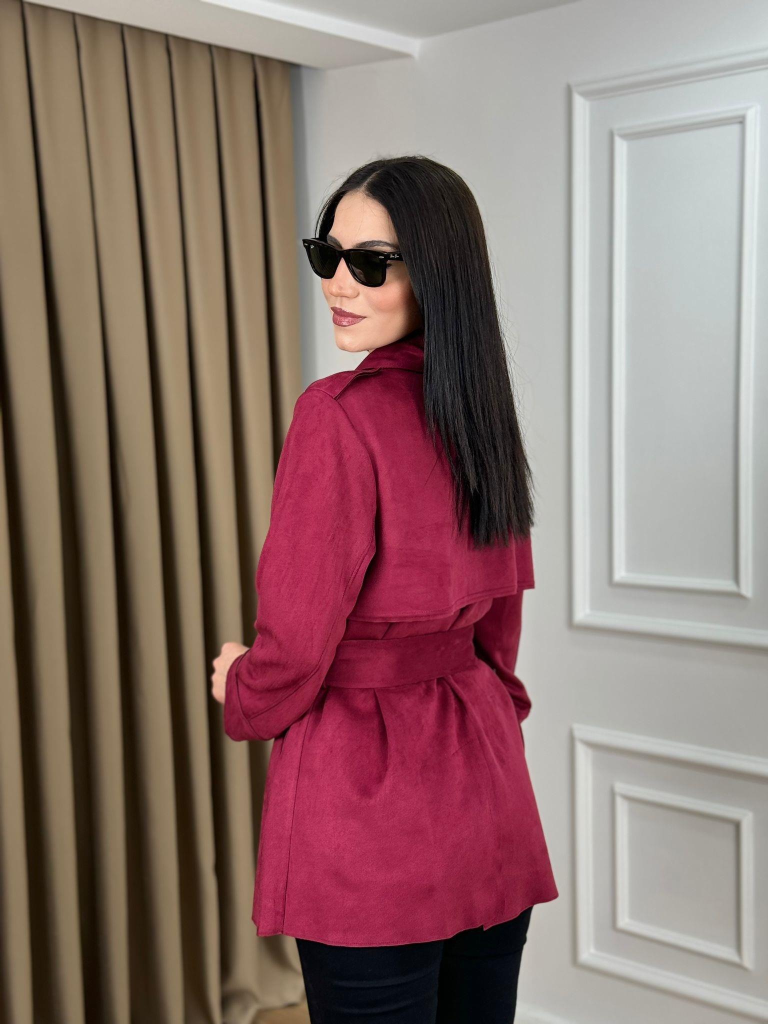 Bordo Scuba Süet Kuşaklı Astarsız Trenchcoat 24277