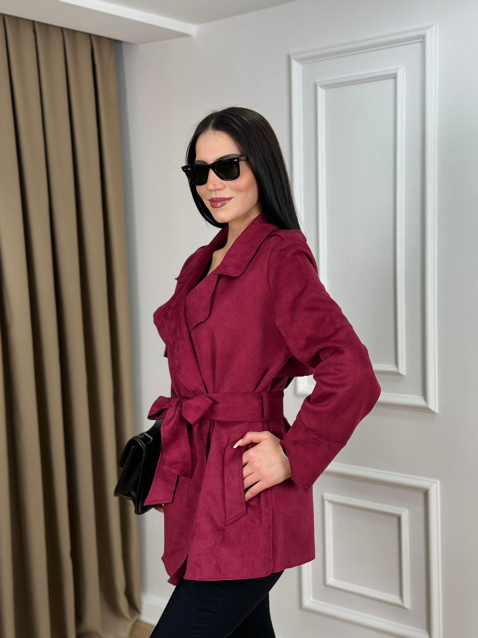 Bordo Scuba Süet Kuşaklı Astarsız Trenchcoat 24277