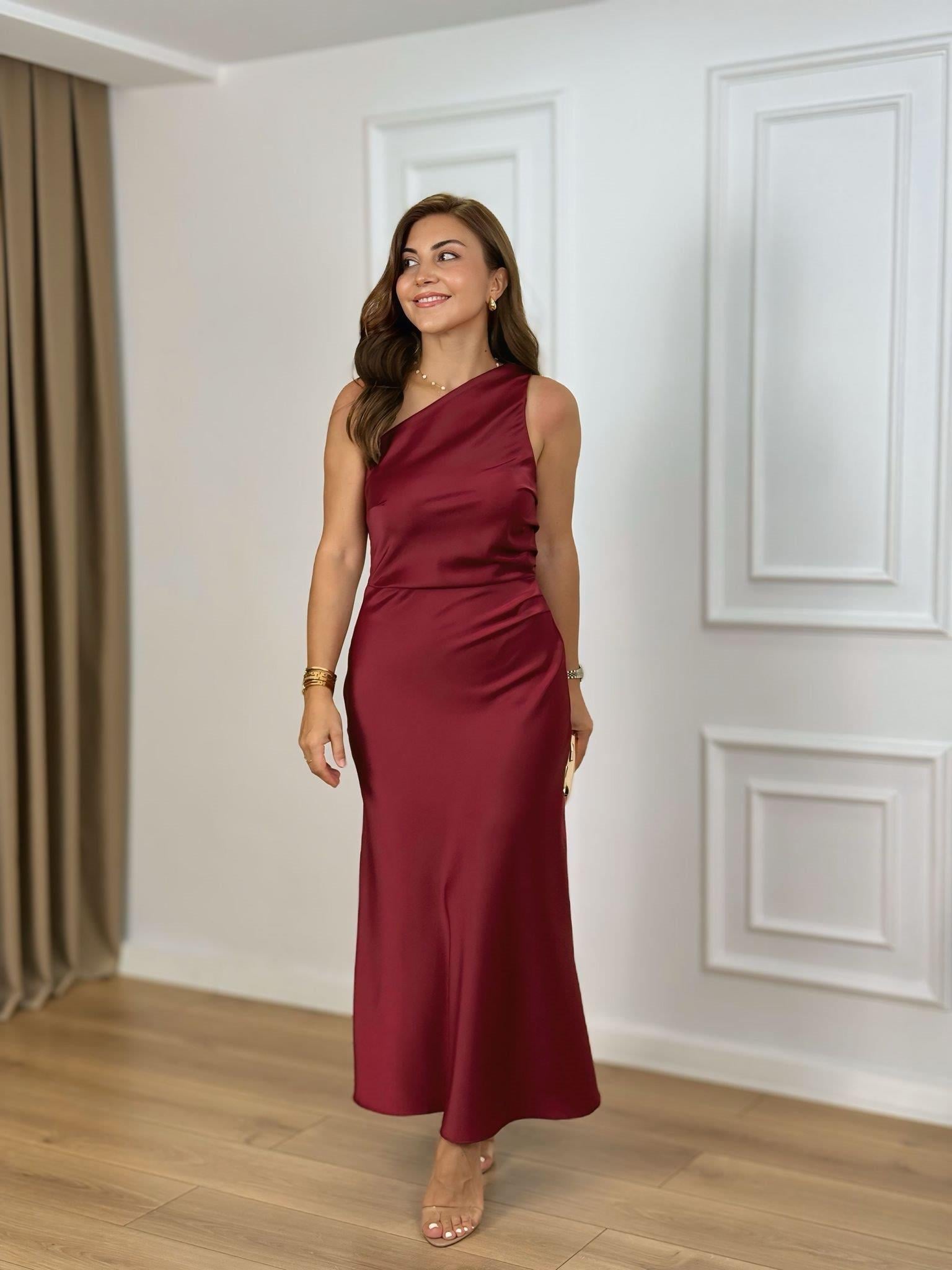 Bordo Tek Omuz Yandan Fermuarlı Saten Elbise 5244
