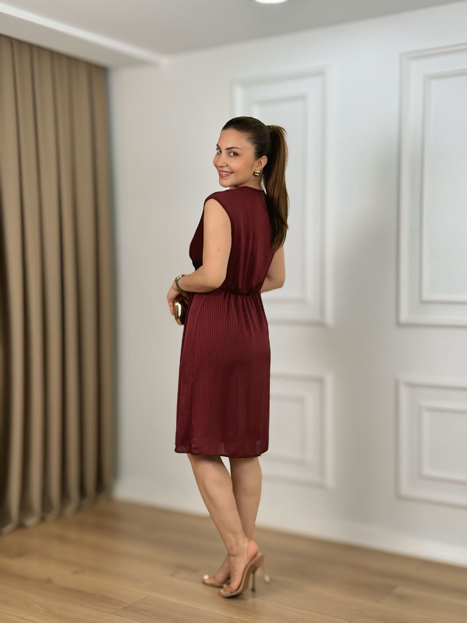 Bordo V Yaka Düğüm Detaylı Kendinden Çizgili Elbise 262786