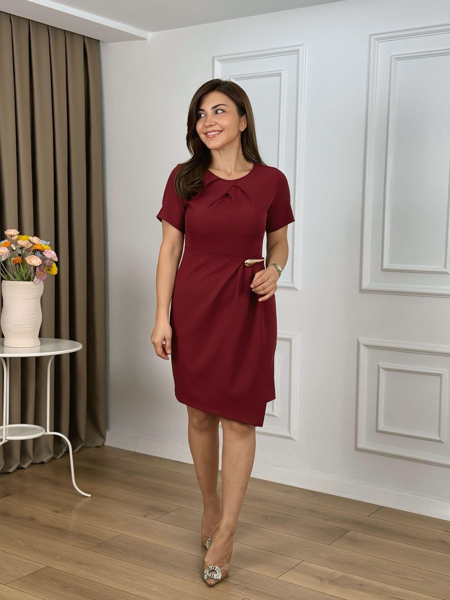 Bordo Yaka Kırma Detaylı Elbise 265128