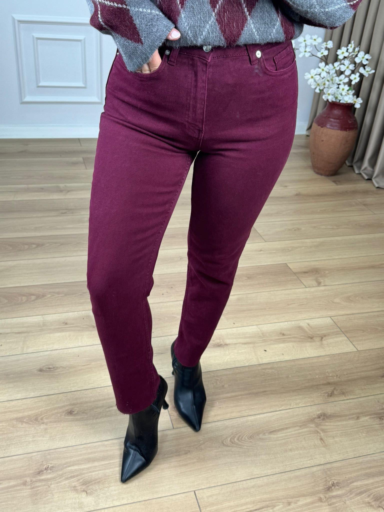 Bordo Yüksek Bel Likralı Toparlayıcı Paçası Kesik Fit Mom Jean 764