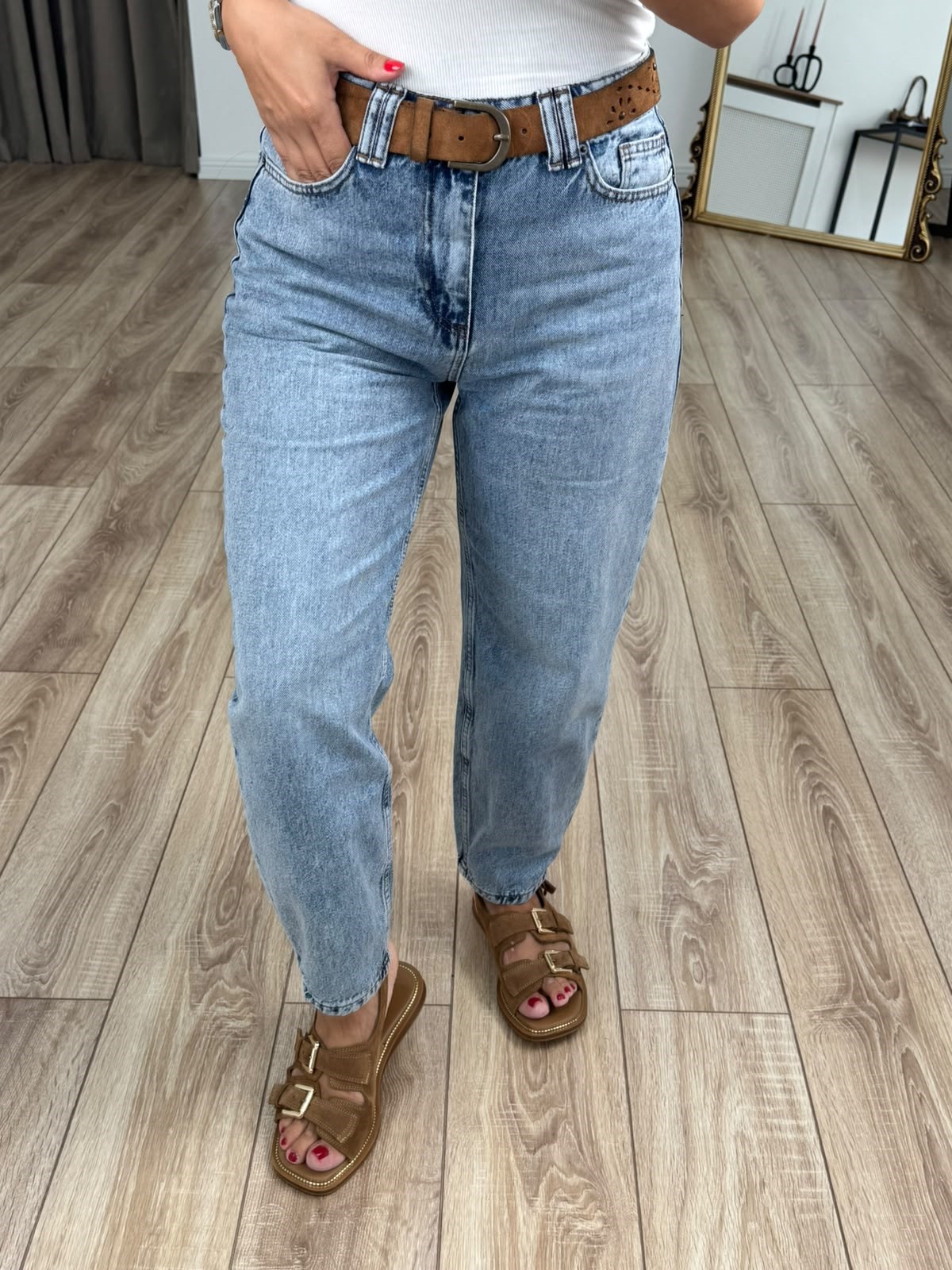 Buz Mavi Yüksek Bel Beli İp Detaylı Mom Kot Pantolon 7057