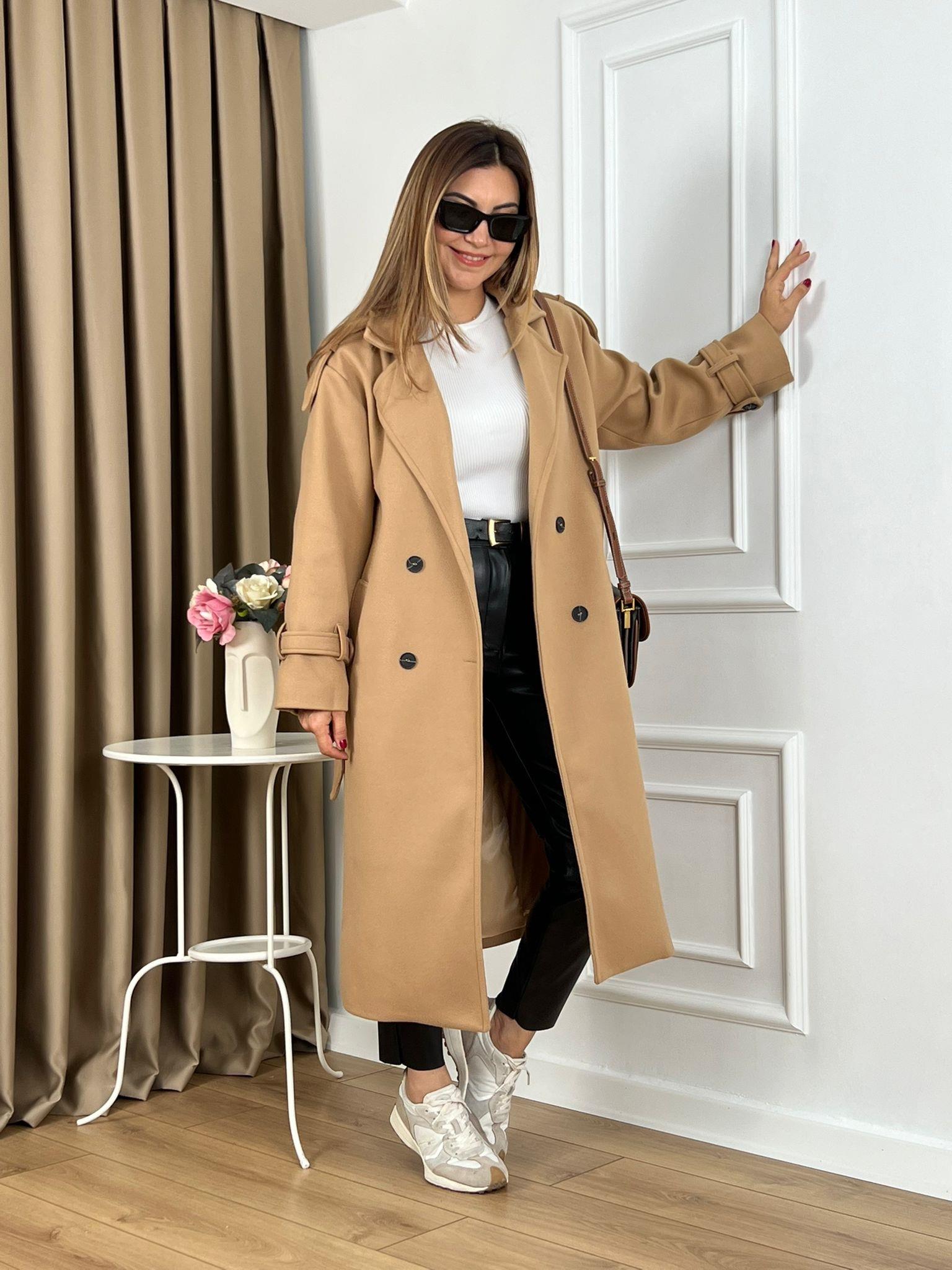 Camel Astarlı Düğmeli Kuşaklı Lüks Kalite Kaşe Kaban 4805