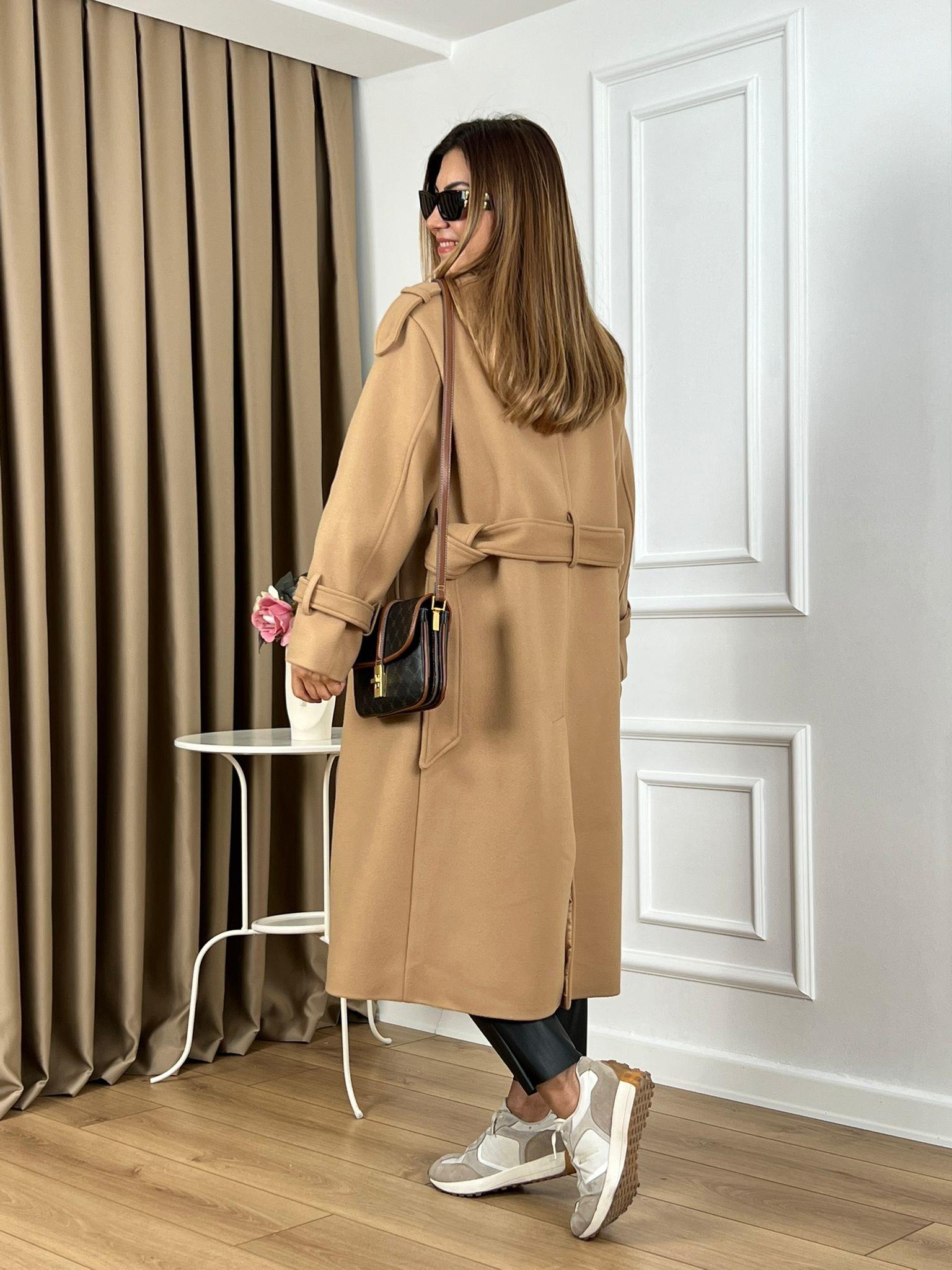 Camel Astarlı Düğmeli Kuşaklı Lüks Kalite Kaşe Kaban 4805