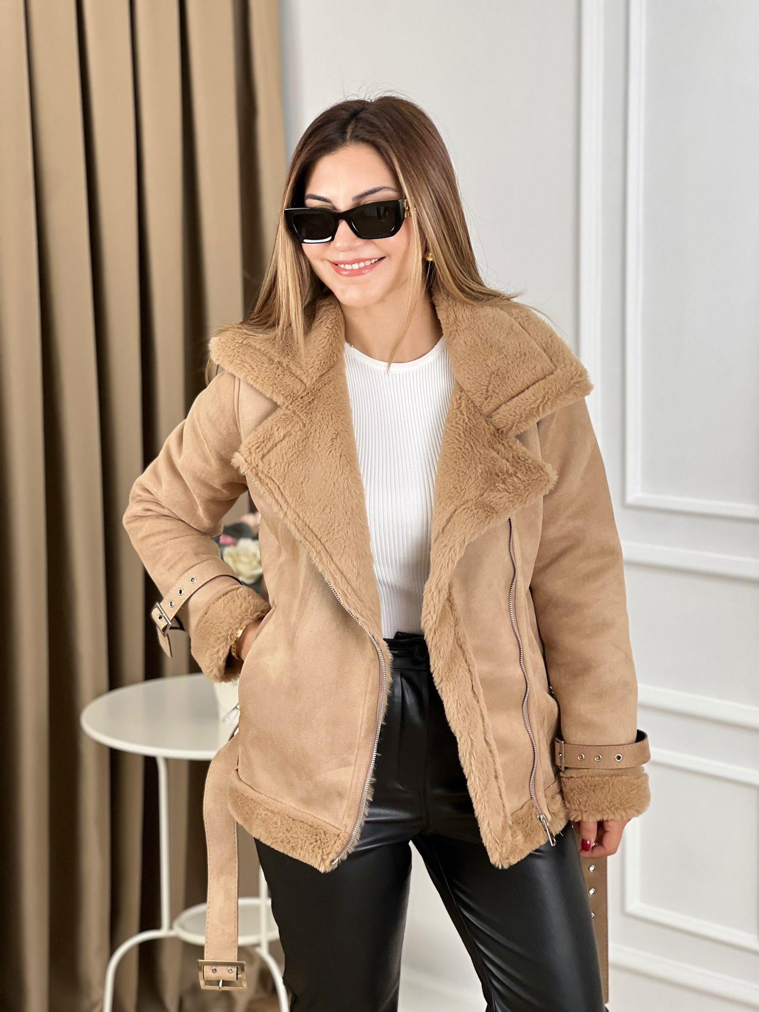 Camel Kürklü Süet Kemerli Biker Mont MY215
