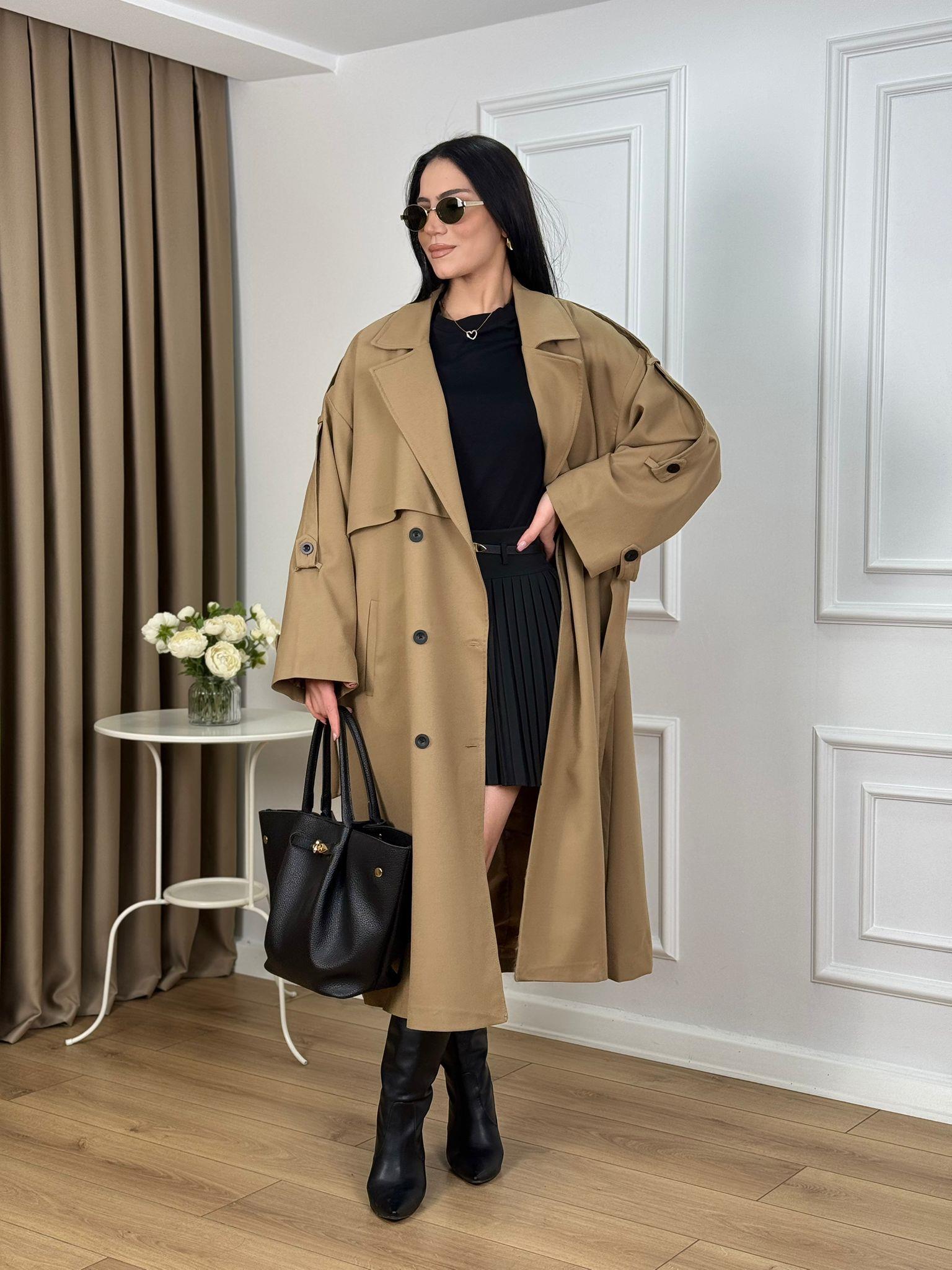 Camel Kuşaklı Astarlı Lüks Kalite Poliviskon Trenchcoat 9476
