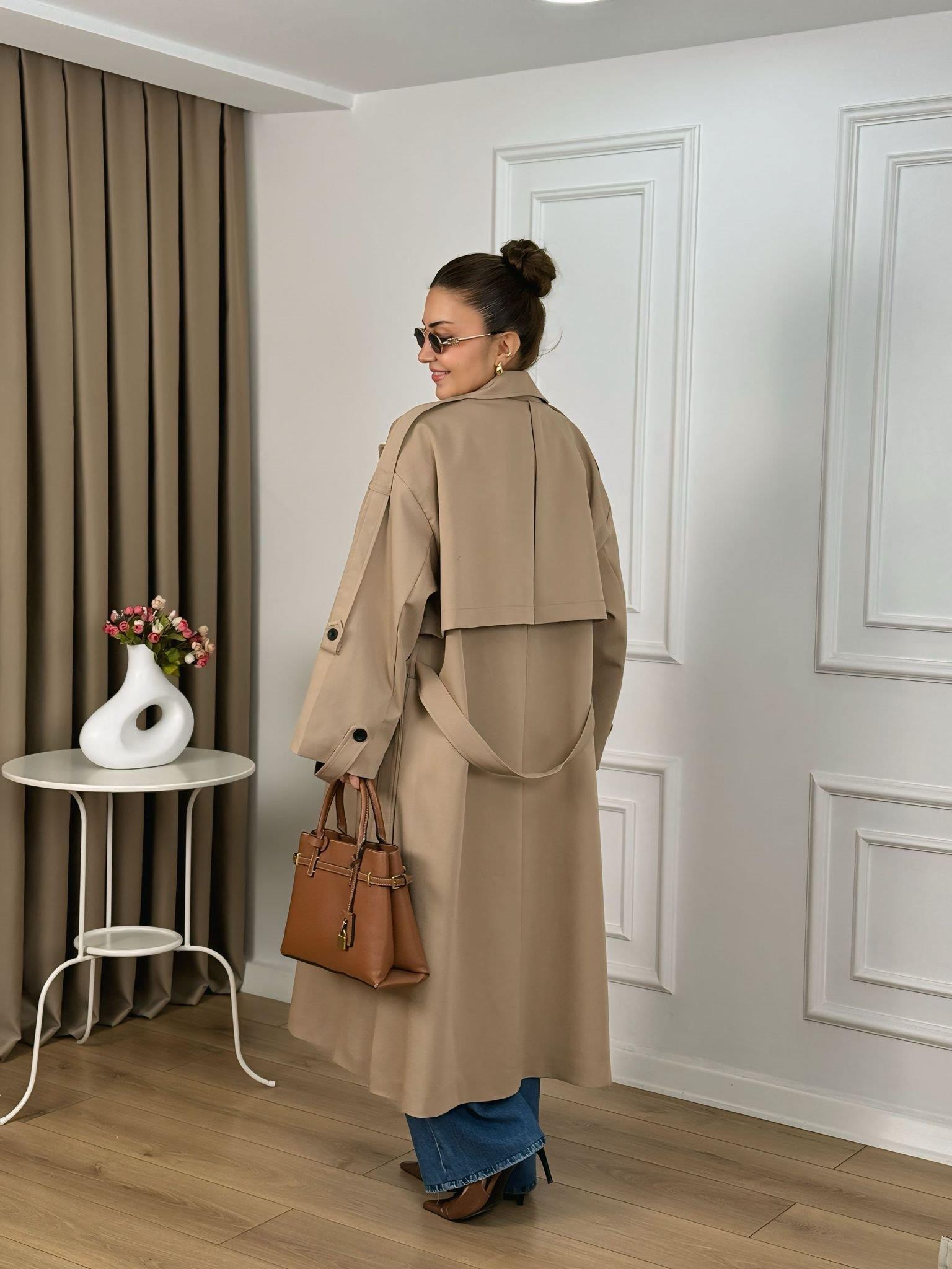 Camel Kuşaklı Astarlı Lüks Kalite Poliviskon Trenchcoat 9477