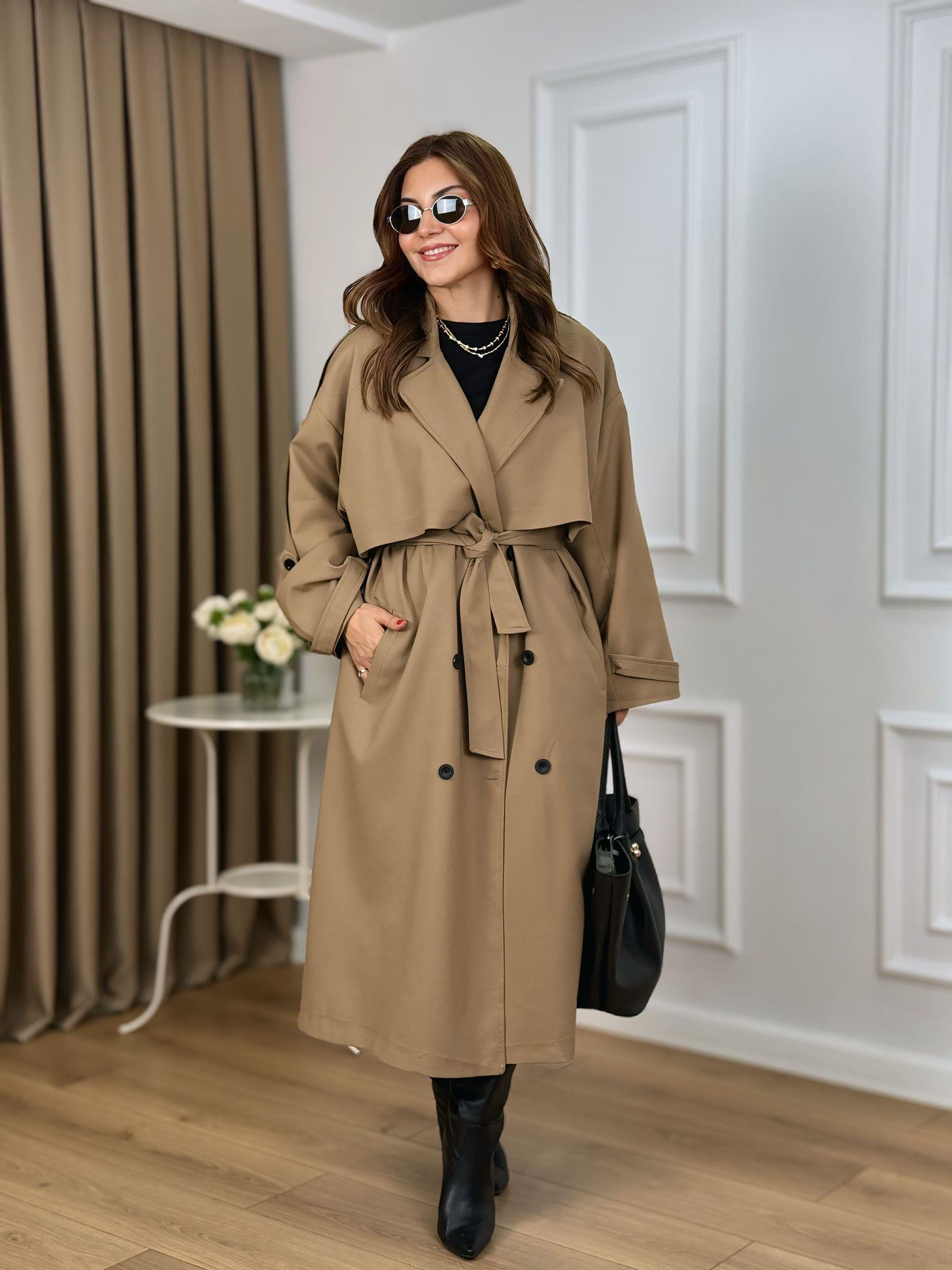 Camel Kuşaklı Astarlı Lüks Kalite Poliviskon Trenchcoat 9476