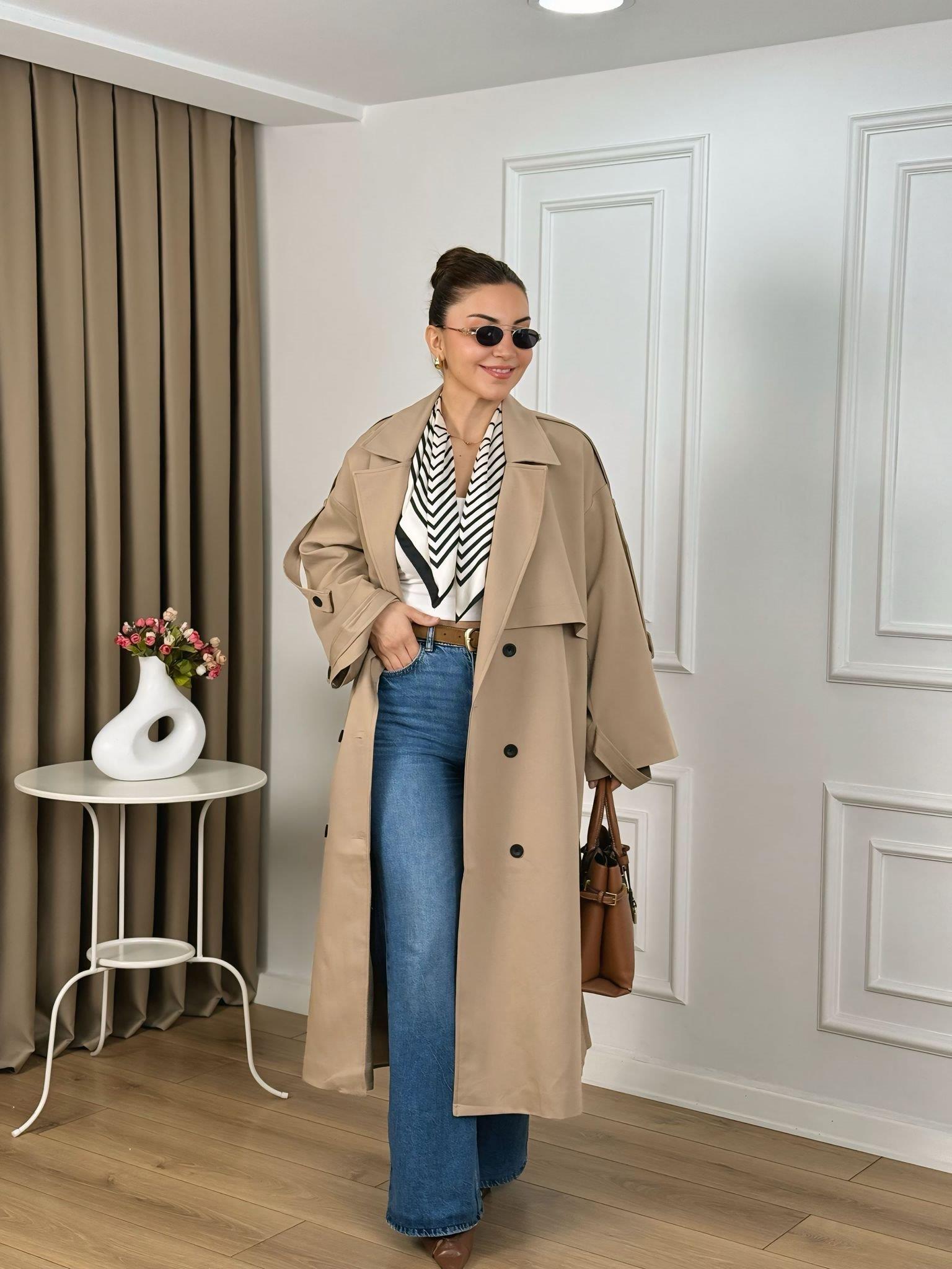 Camel Kuşaklı Astarlı Lüks Kalite Poliviskon Trenchcoat 9477